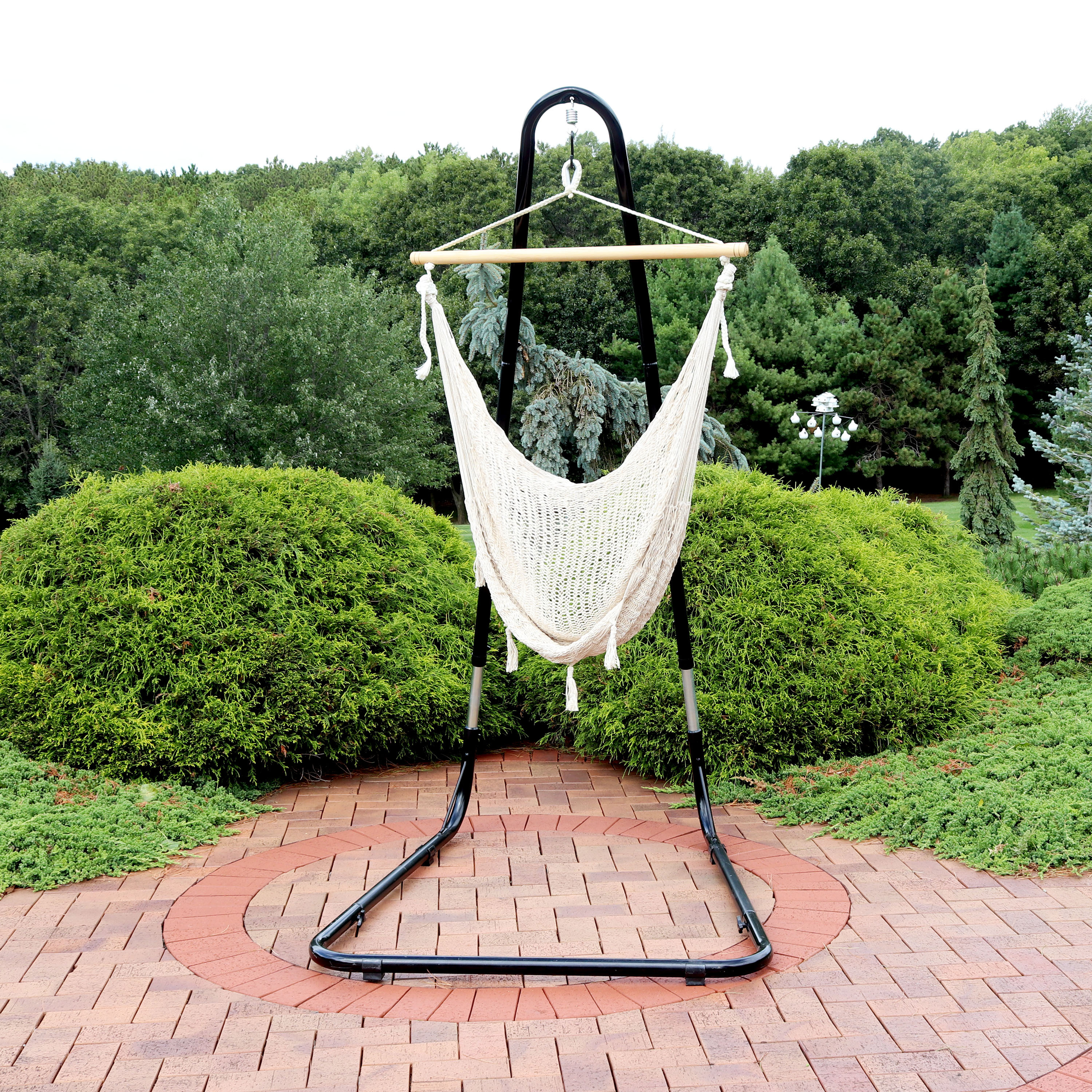 thumbnail video image 2 of Sunnydaze Cotton and Nylon Mayan Hammock Hanging Chair with Adjustable Stand - Beige, 2 of 9