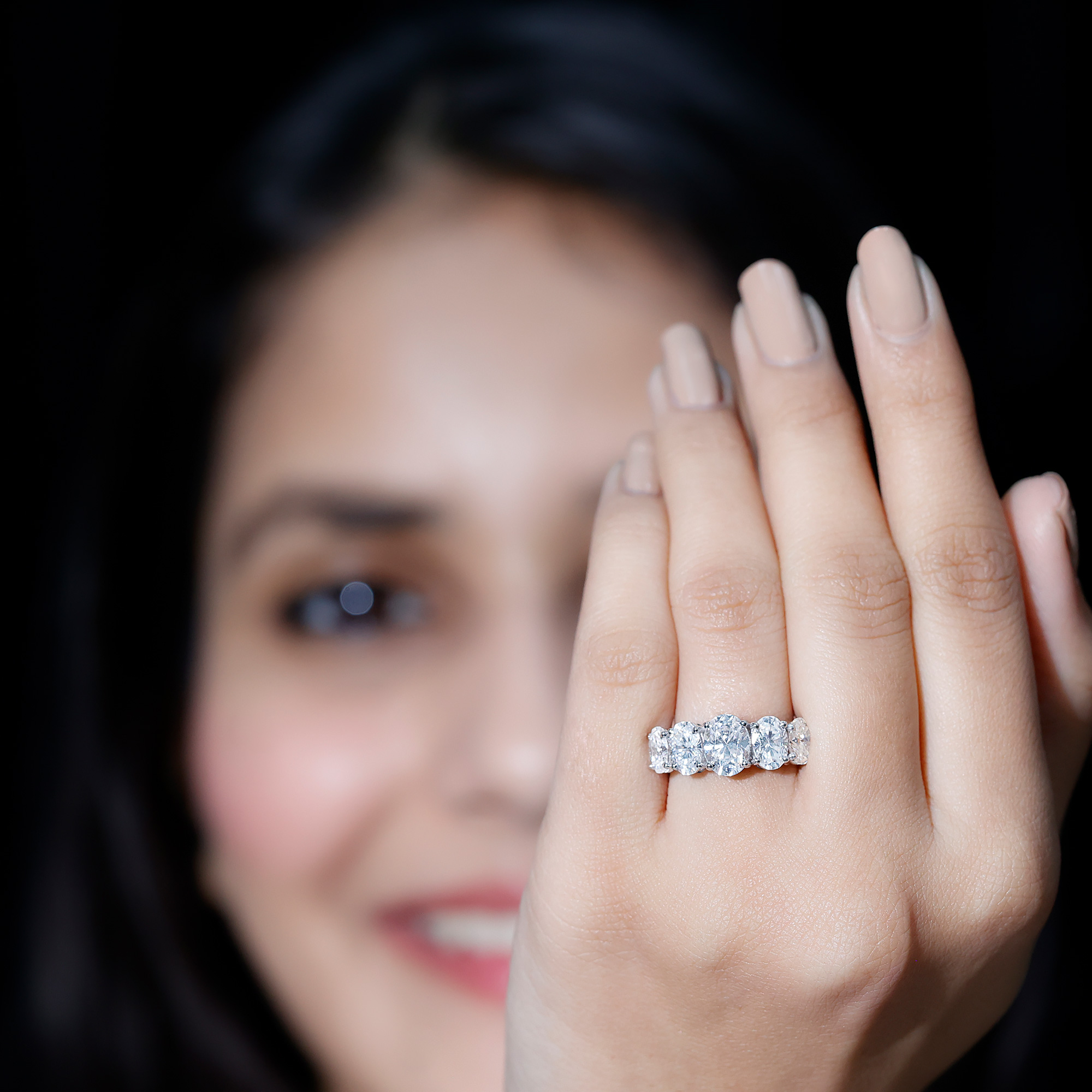 thumbnail video image 2 of Rosec Jewels 4 CT Oval Cut Moissanite Engagement Ring for Women, Certified Moissanite Five Stone Ring in Gold, 18K Yellow Gold, US 5.50, 2 of 9