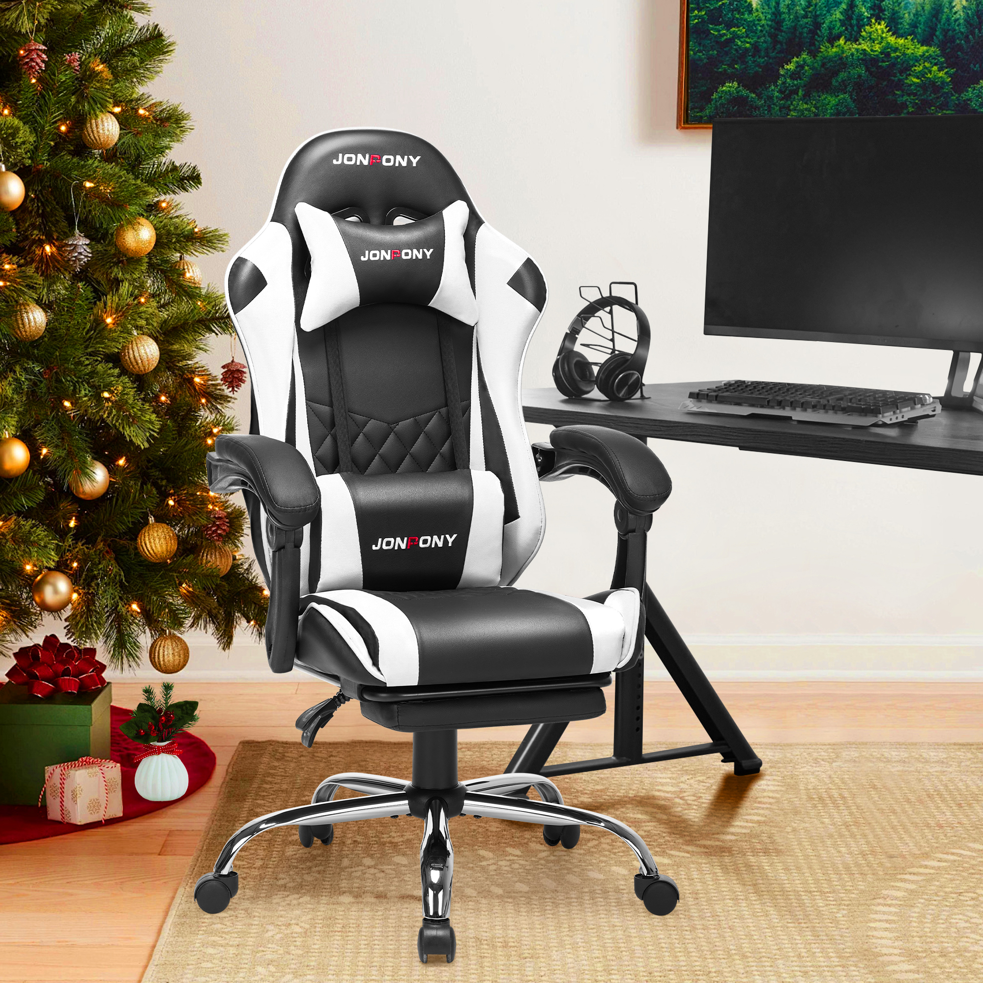thumbnail video image 2 of JONPONY Big and Tall 400LBS Gaming Chair, Ergonomic Design, Gamer Chair PU Leather with Footrest and Lumbar Support, High Back Office Chair Support 8 Hours Long Sitting, Computer Chair,White, 2 of 12