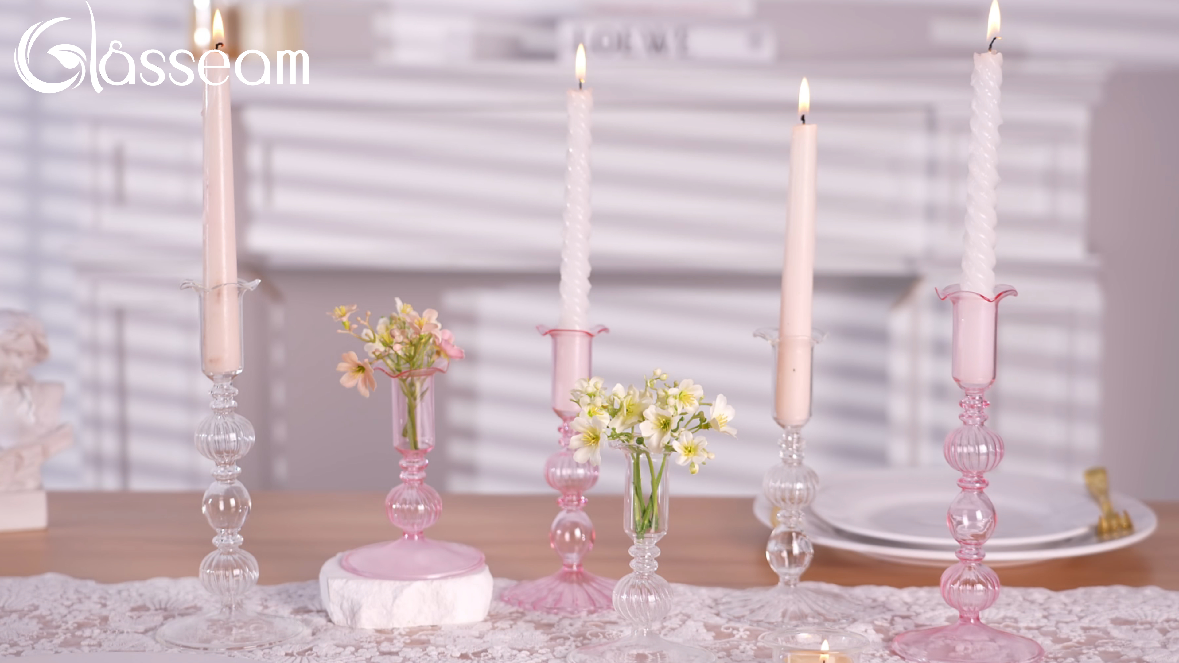 thumbnail video image 2 of Glasseam Set of 3 Clear Glass Taper Candle Holders: Modern Cylinder Ribbed Design for Weddings, Christmas Decor- Boho Home Centerpiece, 2 of 11