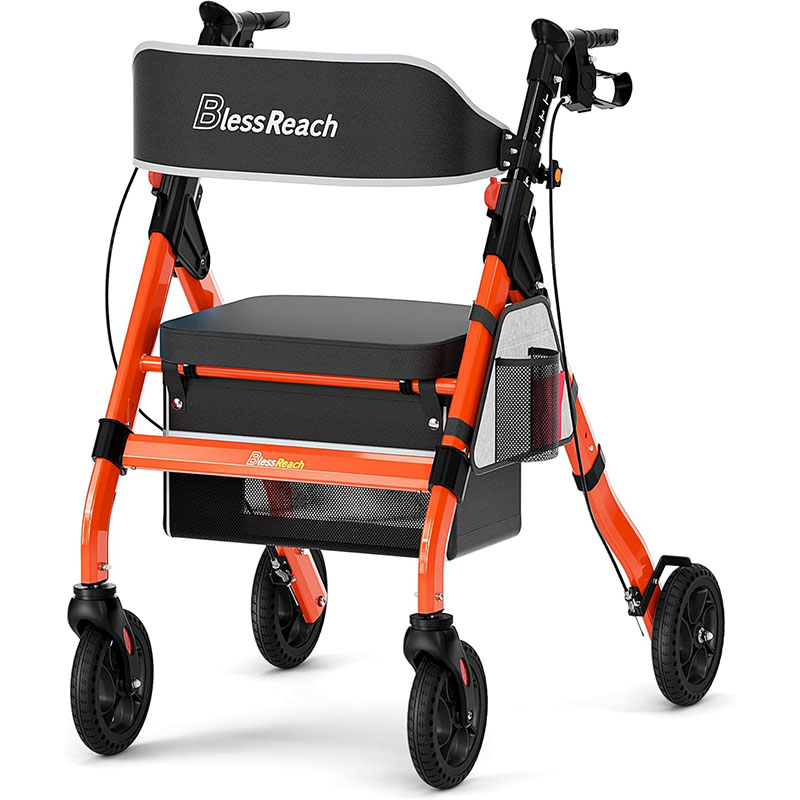 thumbnail video image 2 of Foldable Rollator Walker, 450lb Capacity Foldable with 18" Big Seat & 8" Wheels 6-Position Adjustable for Seniors,Orange, 2 of 7
