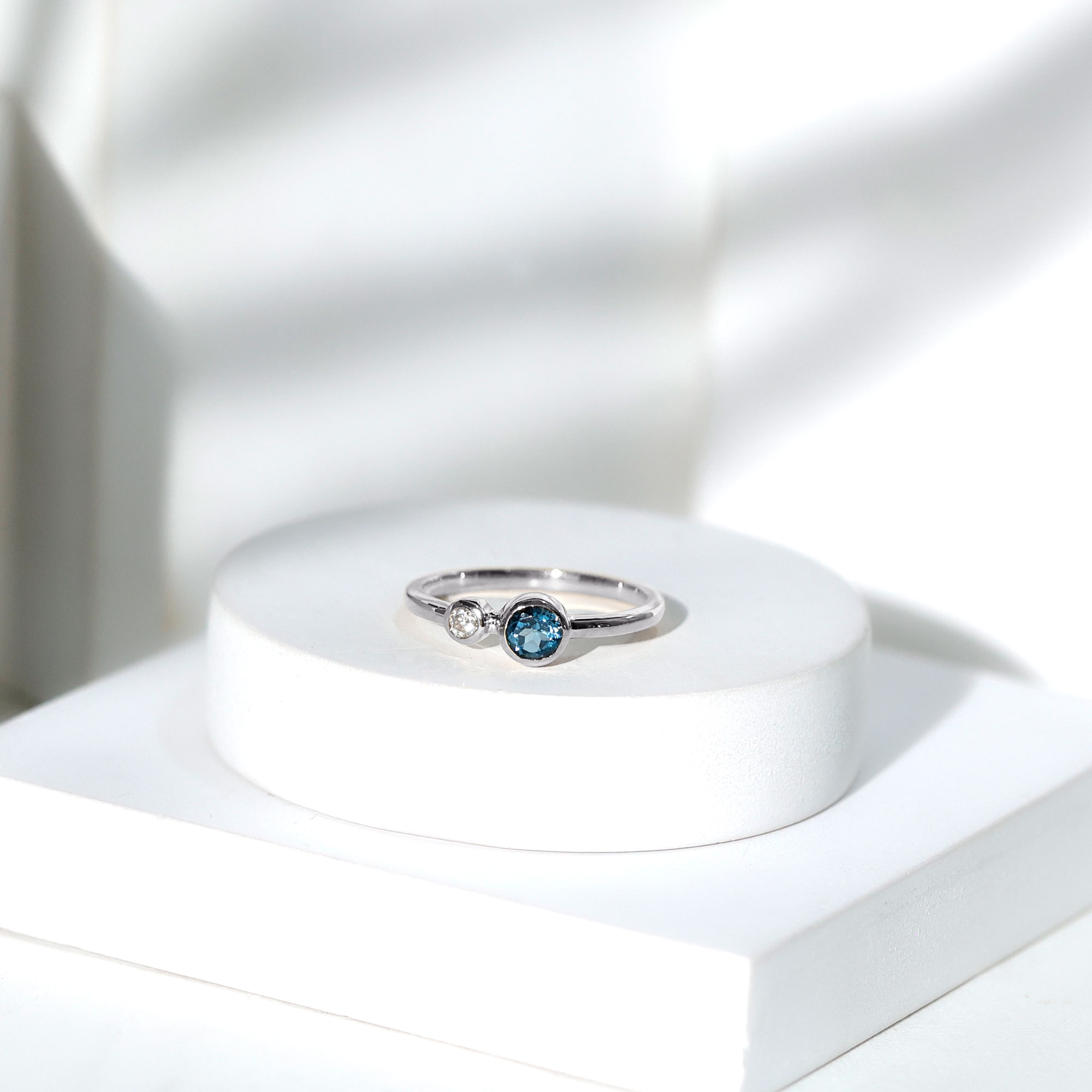 thumbnail video image 2 of Rosec Jewels Natural London Blue Topaz Two Stone Promise Ring for Women - Bezel Set Blue Topaz Ring - AAA Quality - Ready to Gift, 18K Yellow Gold, US 6.50, 2 of 8