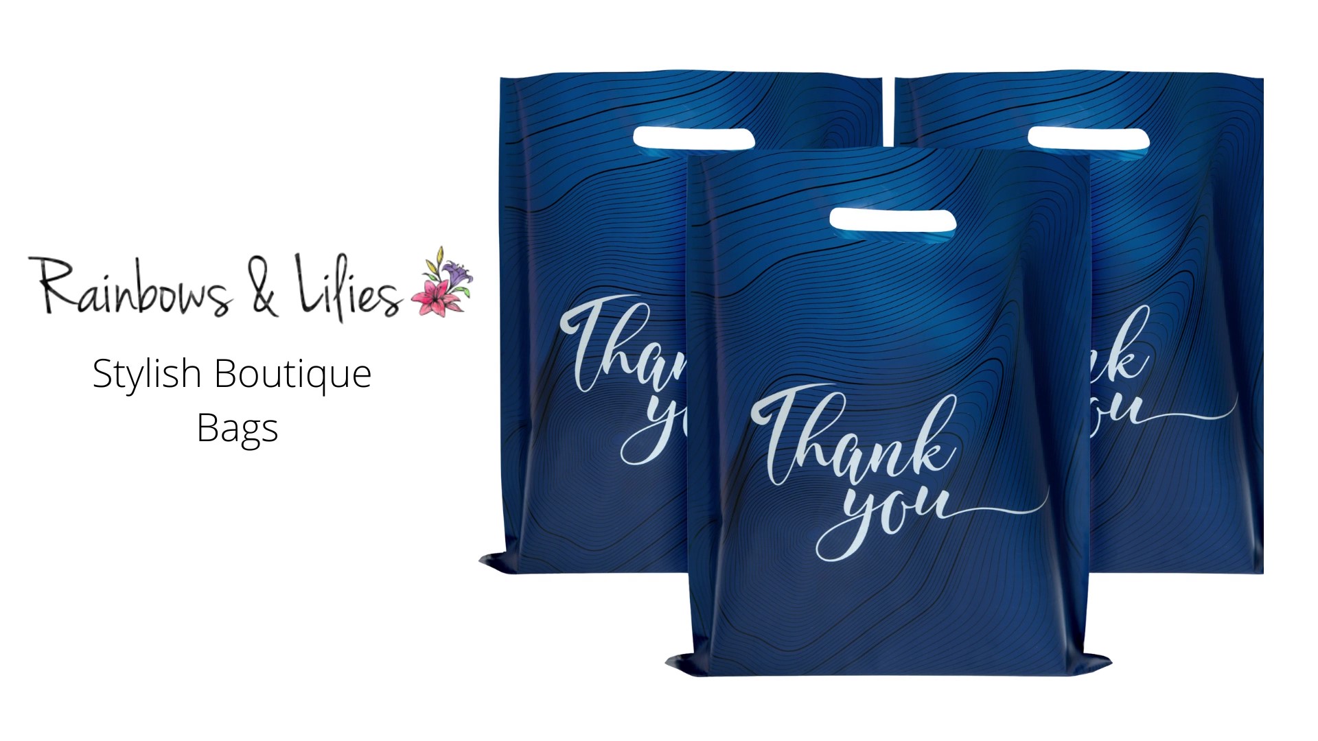 thumbnail video image 2 of Rainbows & Lilies 100 Blue Thank You Plastic Bags with Handles, 12x15 Bulk Shopping Bags for Small Business, Retail, Merchandise, Gifts, Party Favors, 2 of 11
