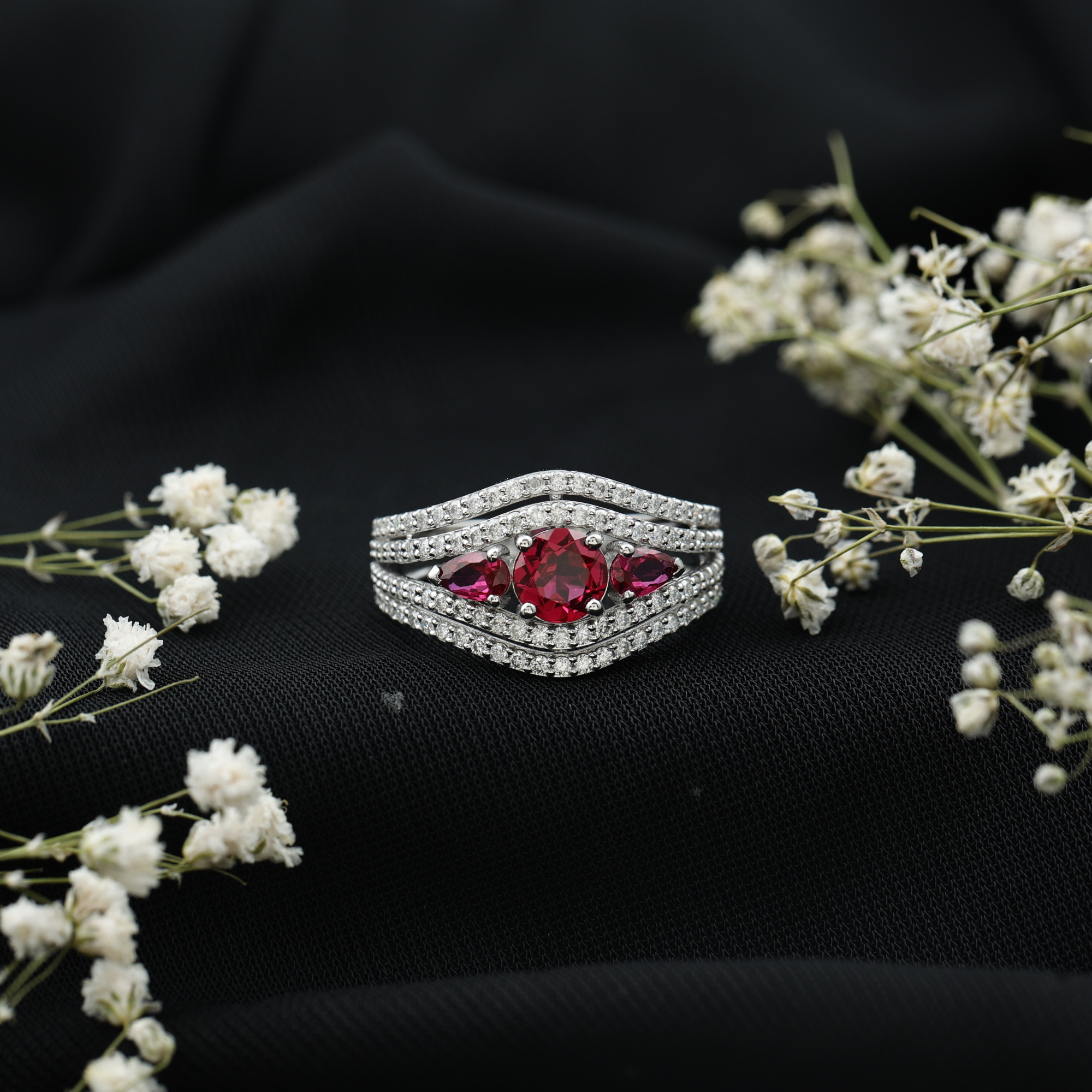 thumbnail video image 2 of Rosec Jewels Certified Lab Grown Ruby 3 Stone Engagement Ring for Women - Ruby Moissanite Ring - AAAA Quality - with Jewelry Box, 925 Sterling Silver, US 11.00, 2 of 9