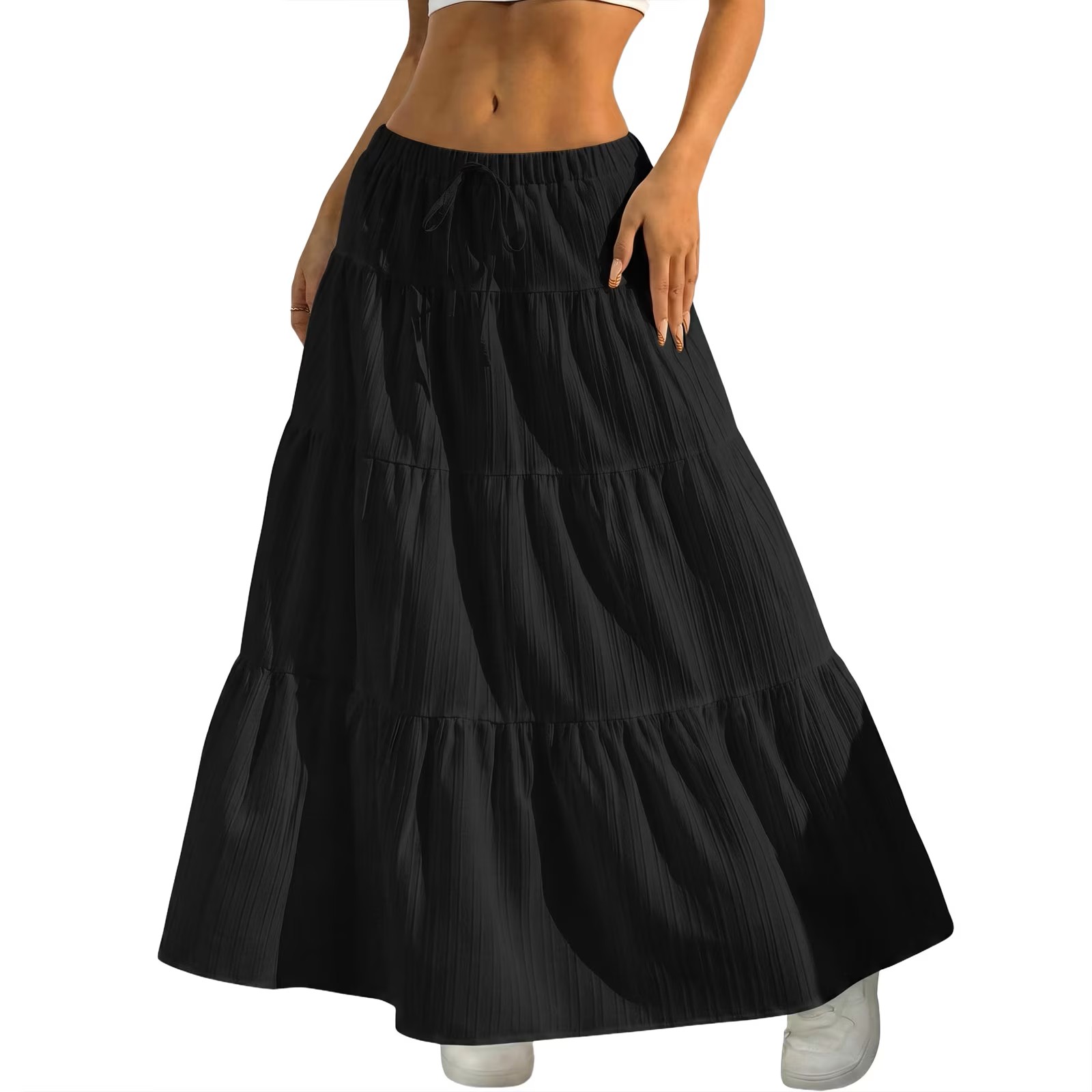 thumbnail video image 2 of JIRNYORLL Womens Boho Flowy Maxi Skirt Ruffle Tiered Elastic Waist 2026 Fall Beach Vacation Casual Long Skirts, Black M, 2 of 7