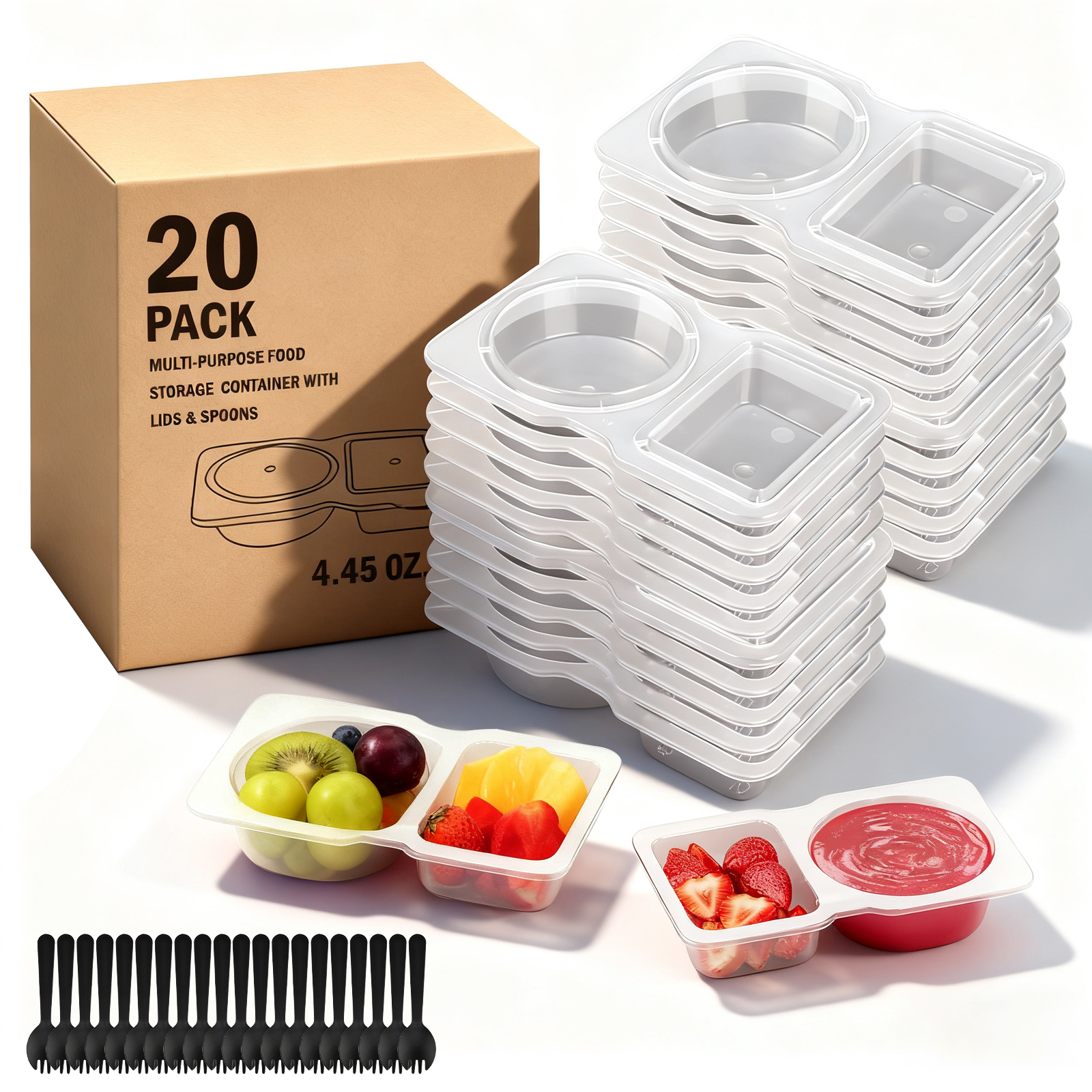 thumbnail video image 2 of 20 Pack Reusable Snack Containers with Lids, 2-Compartment Clear Portion Cups for Salad Dressing, Sauce & Snacks, Leakproof Plastic Food Containers for Meal Prep & On-the-Go, 2 of 8