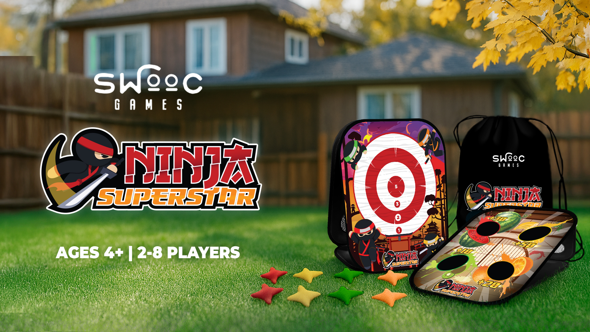 thumbnail video image 2 of SWOOC Games - Ninja Superstar™ | 2-in-1 Corn Hole Games for Kids | 5-Second Setup | Ninja Kids Toys | Ninja Games | Bean Bag Toss Game for Kids Cornhole Game Set | Bean Bag Game | Foam Throwing Star, 2 of 7