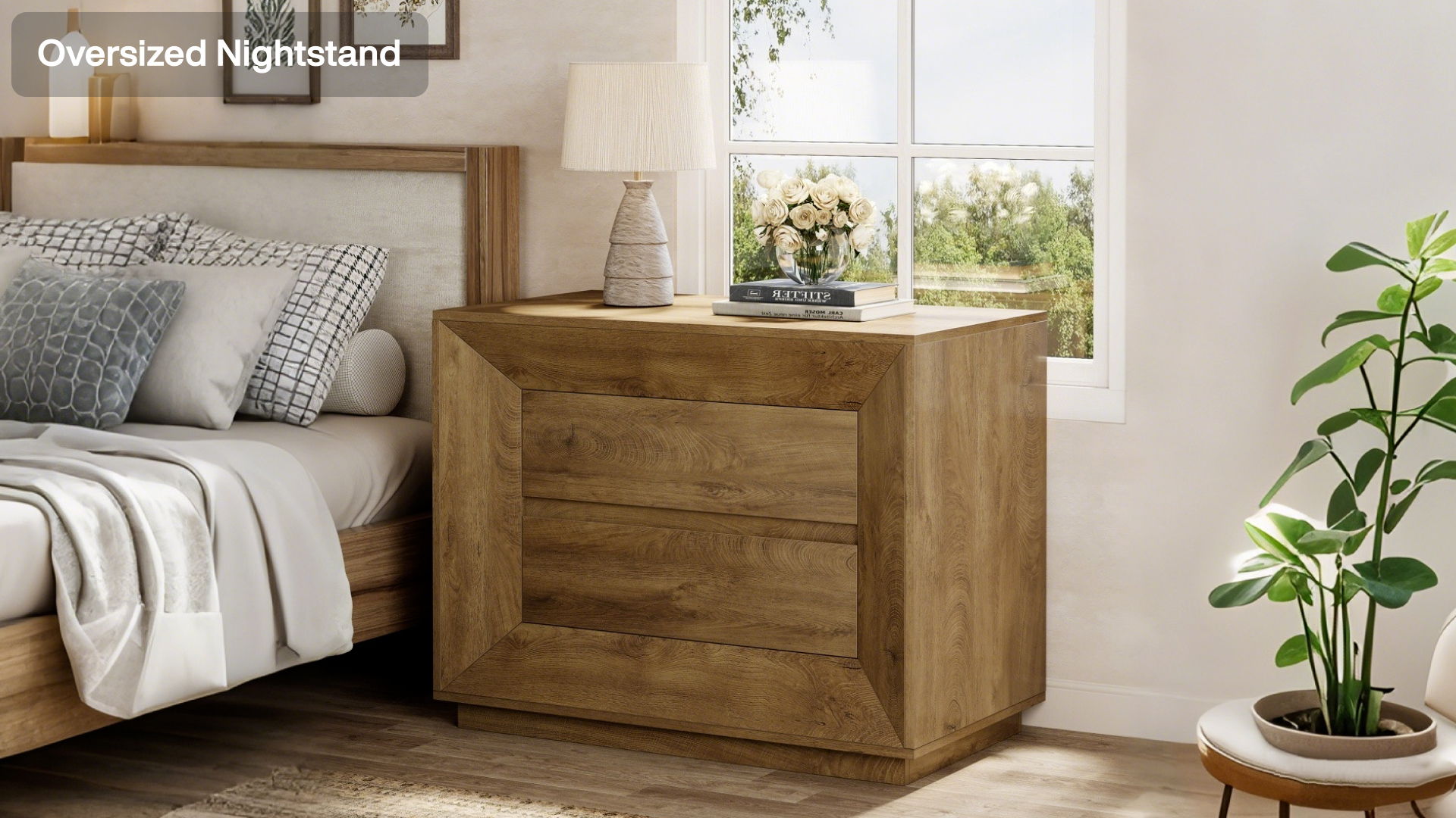 thumbnail video image 2 of Tribesigns 35.43" Wide Nightstand, Oak Large Night Stand with Drawers, Farmhouse Oversized Nightstand Bedside Table, Oak, 2 of 6