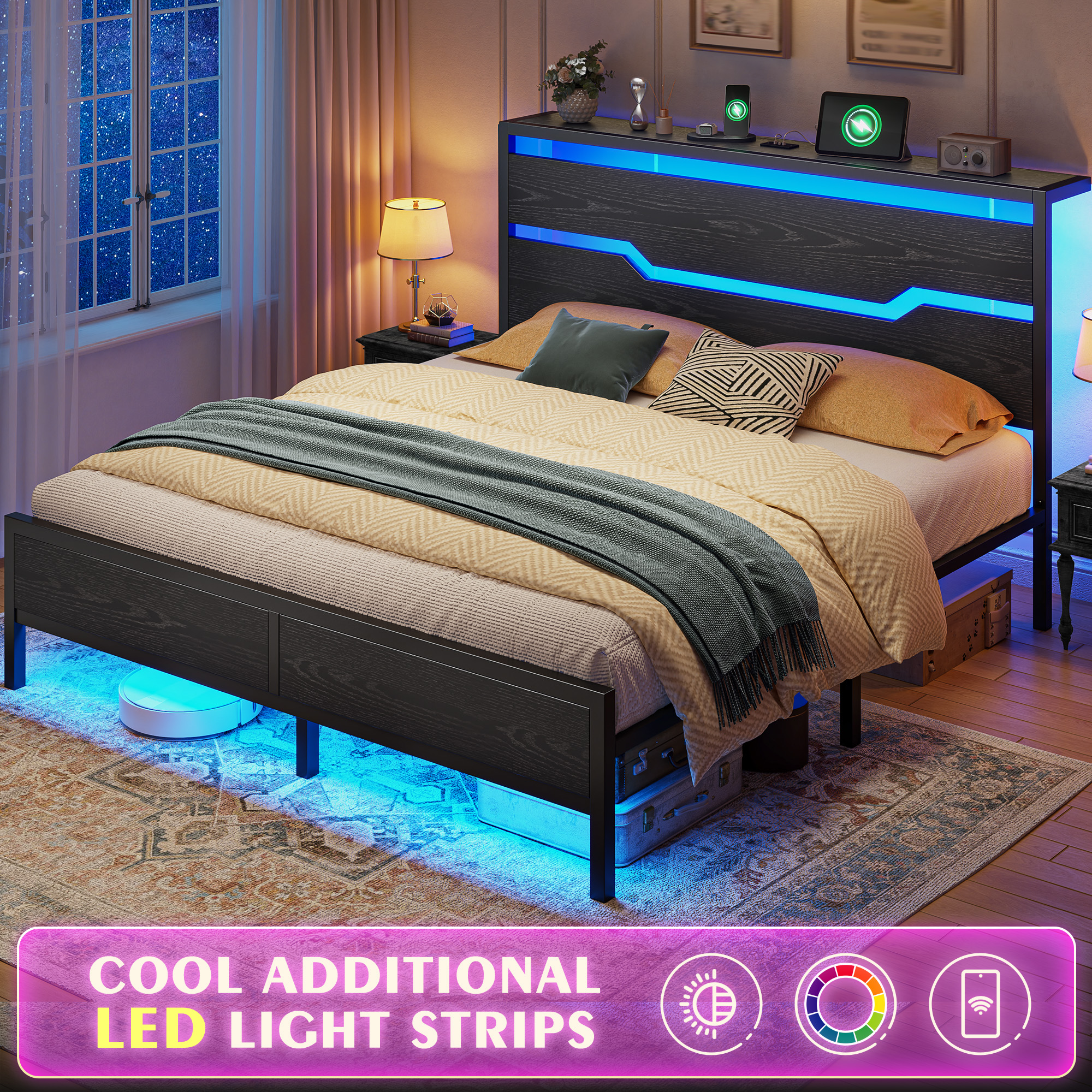 thumbnail video image 2 of EnHomee Queen Size Metal Bed Frame with Storage Metal Bed Frame with Headboard & Charge Station & LED Lights & 13" Under-Bed Storage, Black, 2 of 10