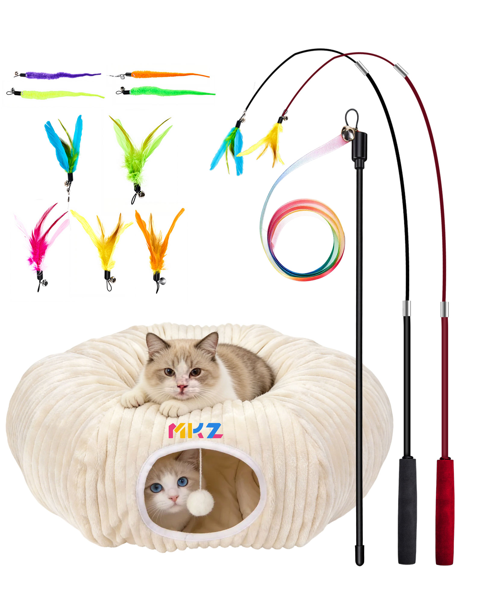 thumbnail video image 2 of Charefin 2-in-1 Cat Tunnel Bed, Foldable Large Indoor Cat Play Tunnel with Interactive Toys, Soft Washable Plush Hideaway Nest for Kittens Small to Large Cats, 2 of 9