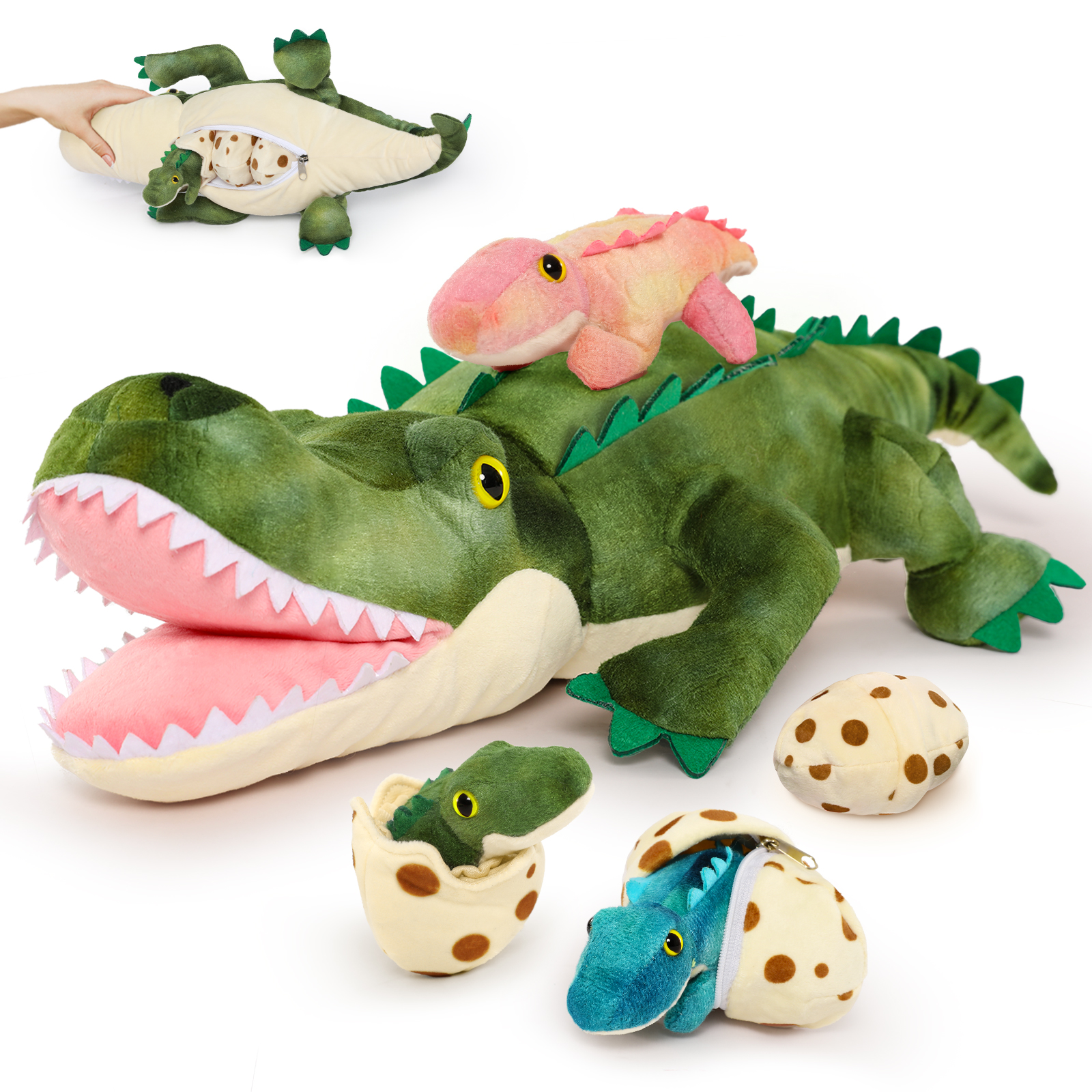 thumbnail video image 2 of MorisMos 24" Alligator Stuffed Animal Mommy Stuffed Crocodile with 3 Babies and 3 Eggs, 2 of 8