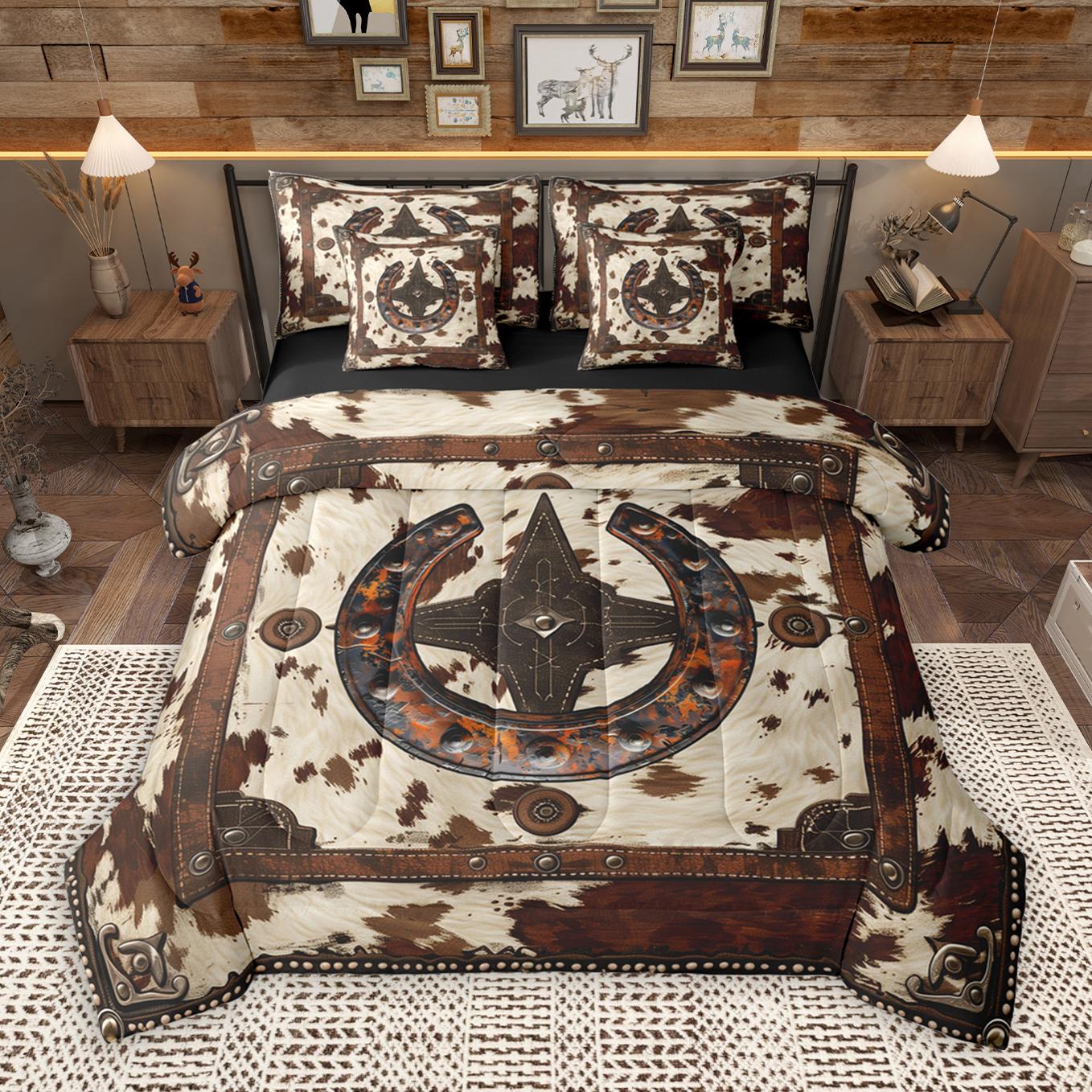 thumbnail video image 2 of Manfei Rustic Cowboy Horseshoe 7-Piece Bedding Comforter Set,Patchwork Cow Hide King Bedding Sets,Country Farmhouse Lodge Bed Sheets For Boys Teens,Microfiber Bedroom Decor Reversible, 2 of 9