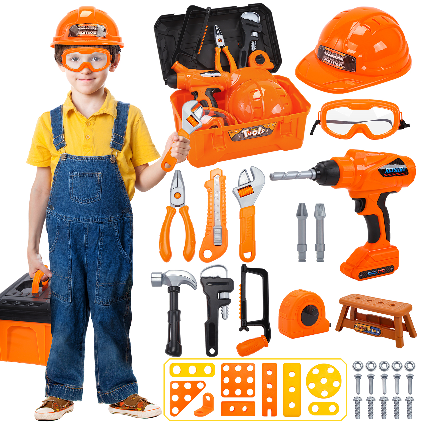 thumbnail video image 2 of JoyStone 42PCS Tool Set Toddler Beginner Tool Set with Tool Box & Toy Chainsaw & Drill,Pretend Play Toys, Gifts for 3-7 Kids, Yellow, 2 of 10