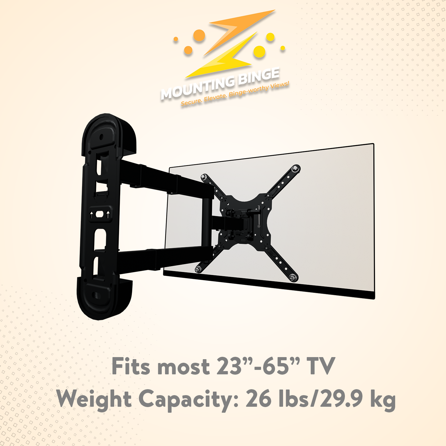 thumbnail video image 2 of Mounting Binge Full Motion TV Wall Mount for 23–65 Inch LED/LCD/Smart TVs | Heavy Duty Articulating Arm | Tilt, Swivel & Rotation | Universal VESA 75×75 to 400×400 mm | Supports up to 66 lbs, 2 of 11