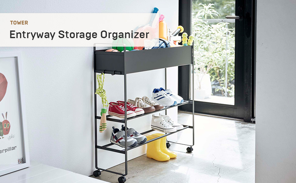 thumbnail video image 2 of Yamazaki Home Entryway Storage Cart, Black, Steel,  Holds 6 pairs of shoes, Wheels, 2 of 8