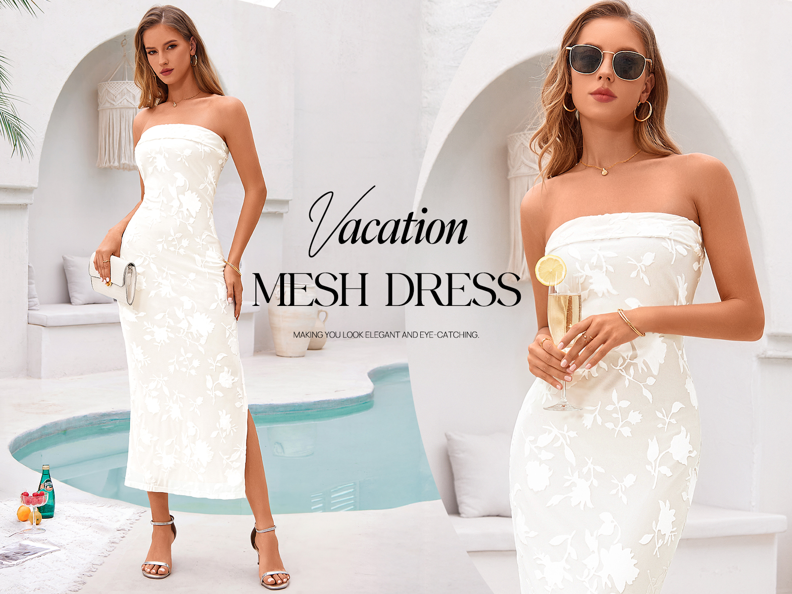 thumbnail video image 2 of Merokeety Summer Tube Dress for Women Floral Mesh Bodycon Maxi Dress Wine l, 2 of 5