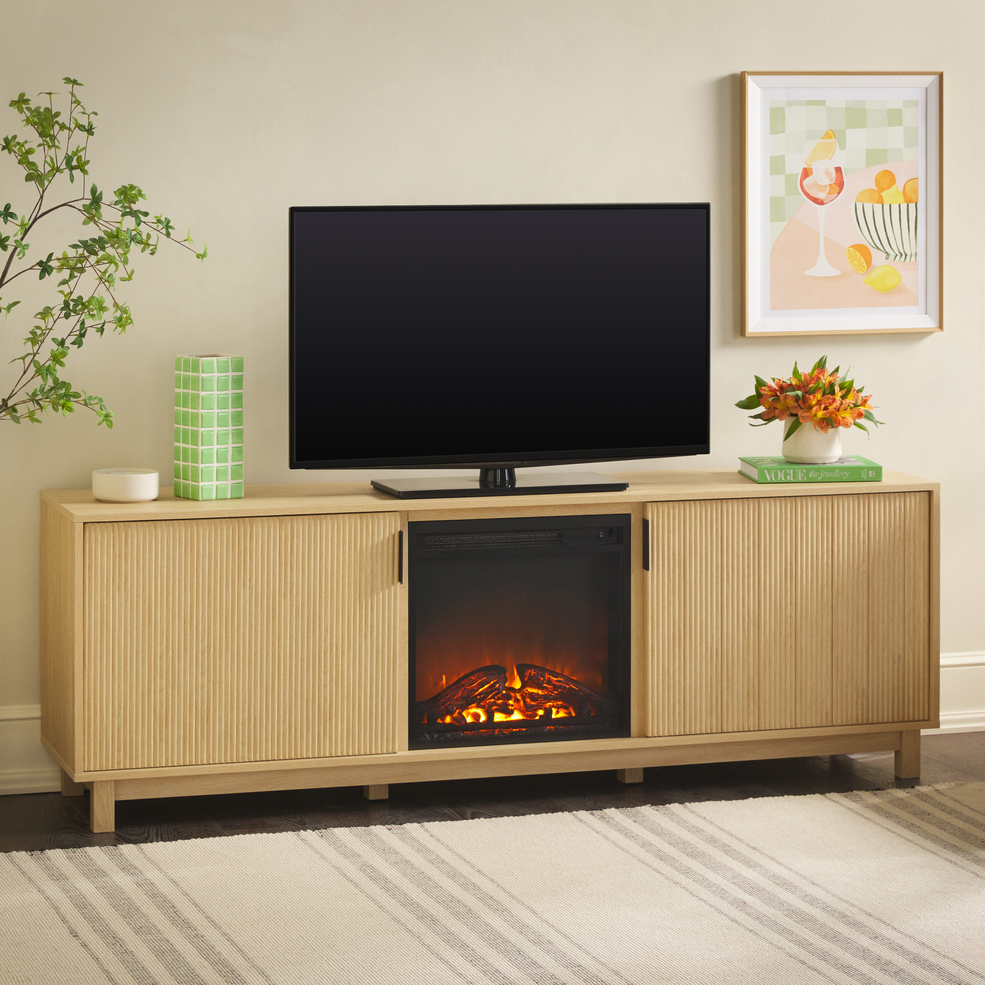 thumbnail video image 2 of Walker Edison Modern 70" TV Stand with Electric Fireplace, Coastal Oak, 2 of 21