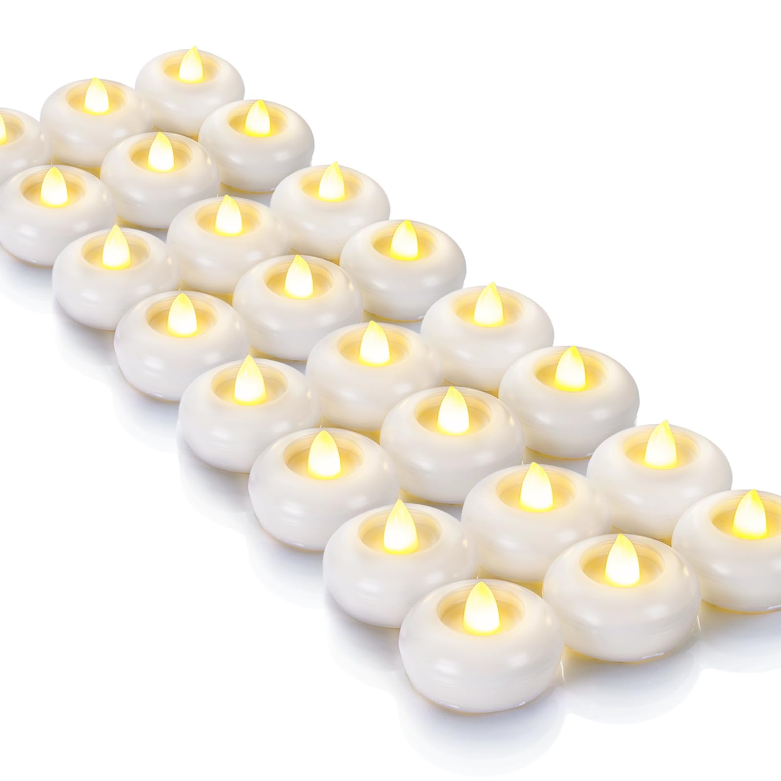 thumbnail video image 2 of Homemory 24pack 2” Flameless Led Floating Candles, Plastic Battery Operated Waterproof Tealights for Cylinder Vases, Centerpieces at Wedding, Party, Pool, Holiday, 2 of 7