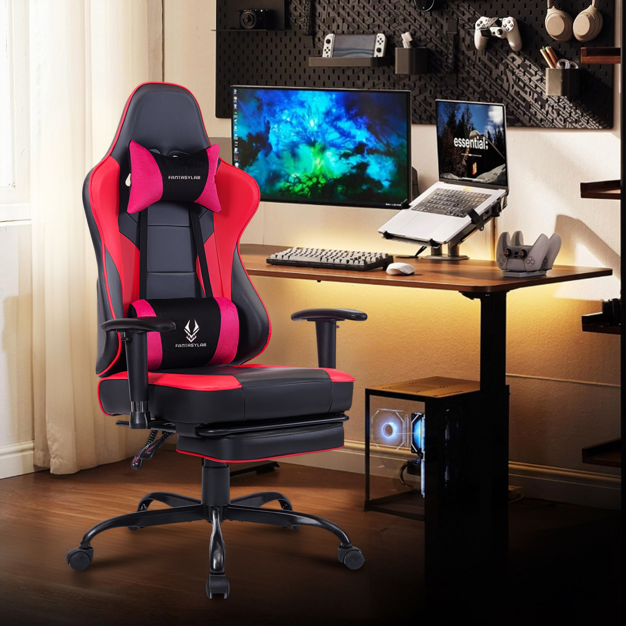 thumbnail video image 2 of JONPONY Big and Tall Gaming Chair with Footrest 400lbs Massage Gamer Chair with Memory Foam Adjustable Tilt Back Angle & Armrest, High Back Leather Computer Office Chair，Red, 2 of 8