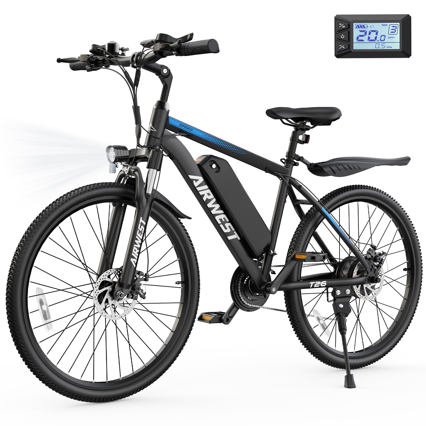 thumbnail video image 2 of AIRWEST Electric Bicycle - 26 Inch Electric Bike for Adults - 500W 20MPH Electric Bikes Equipped with 48V 7.8AH Removable Lithium Battery - 21 Speed Gear & Front and Rear Disc Brake, UL2849, 2 of 9
