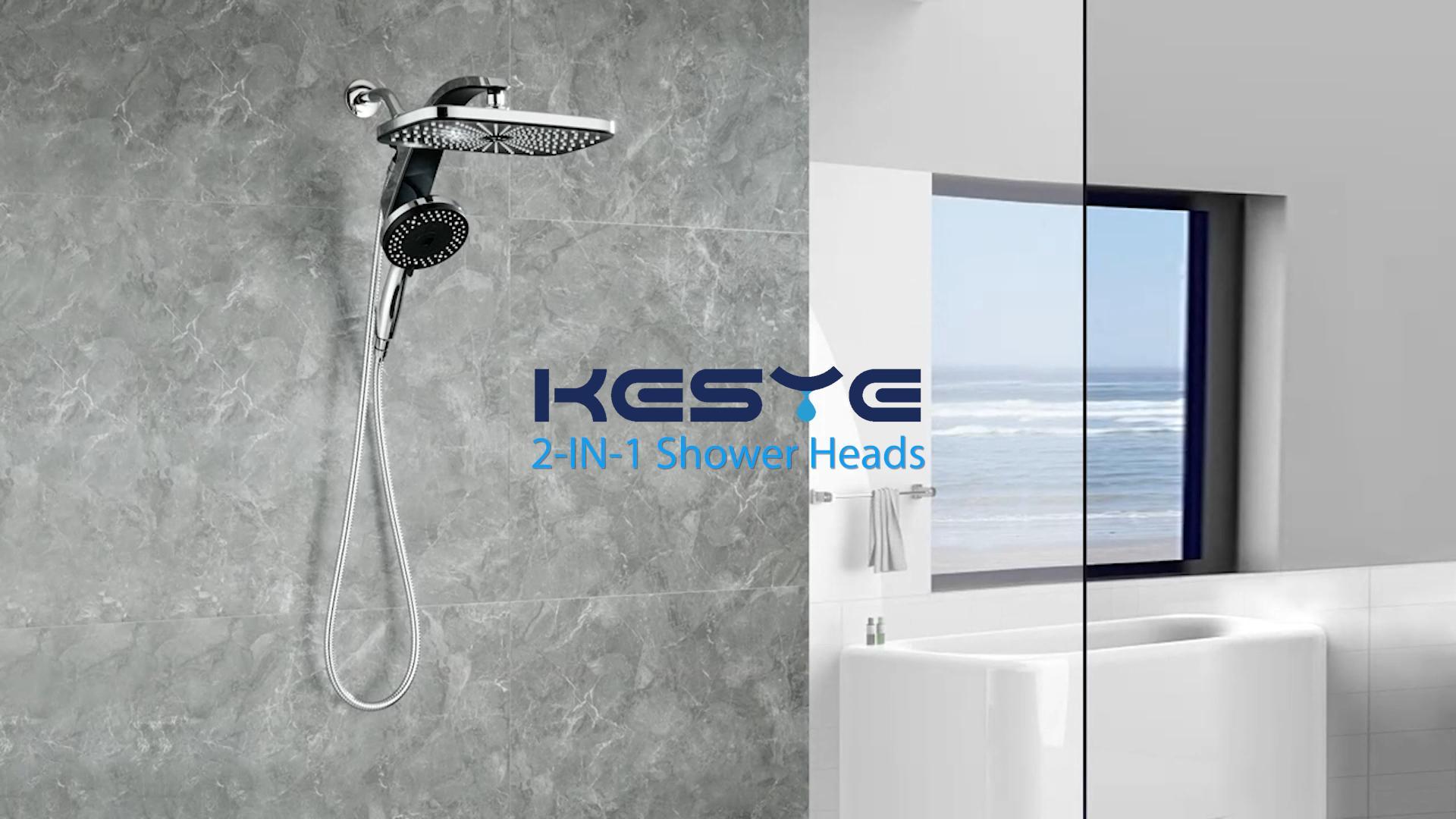thumbnail video image 2 of KESTE 12 Inch High Pressure Rain Shower Head with Handheld Spray Combo, 3+8+2 Spray Setting, Built-in Magnetic Docking, Dual Showerheads for Bathroom, Anti-Clog,Silver, 2 of 8