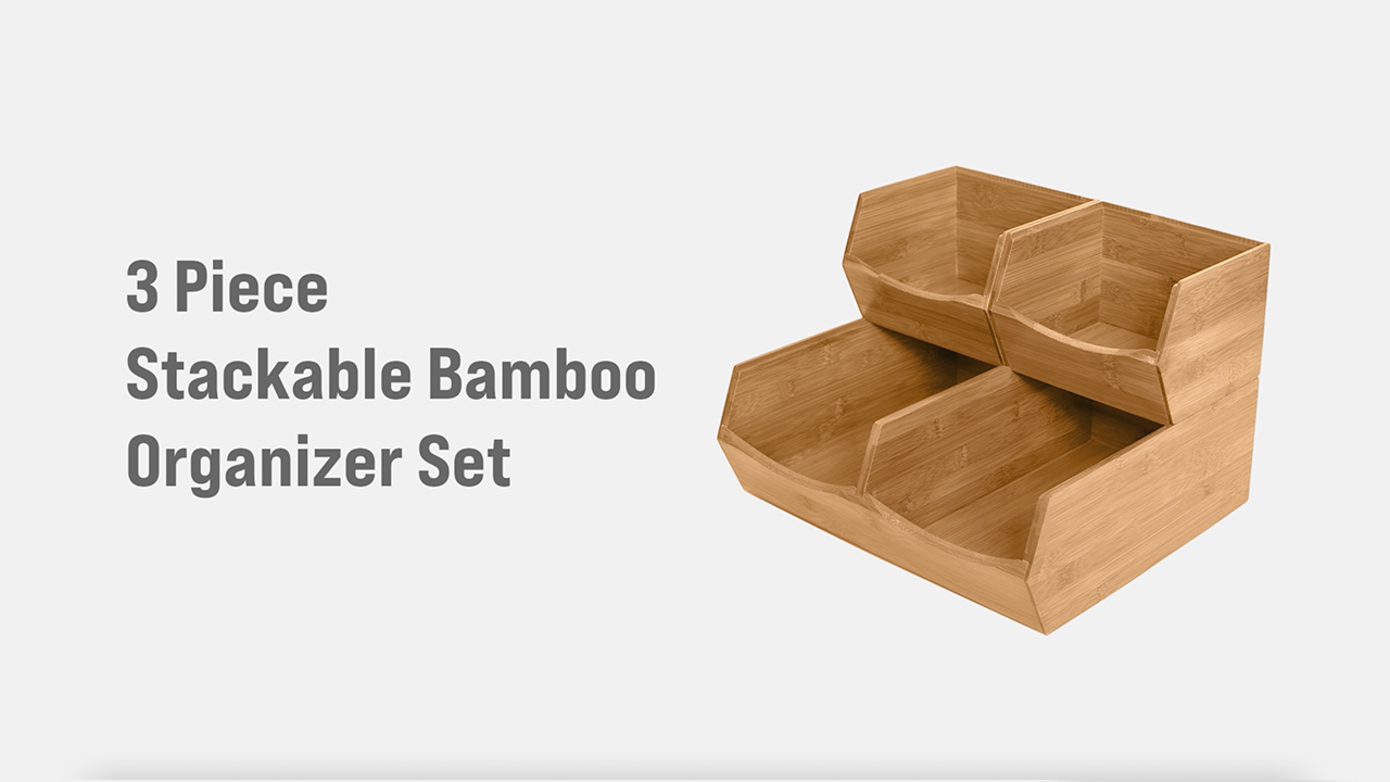 thumbnail video image 2 of Seville Classics 3-Piece Stackable Bamboo Bin Organizer Set, 2 of 9