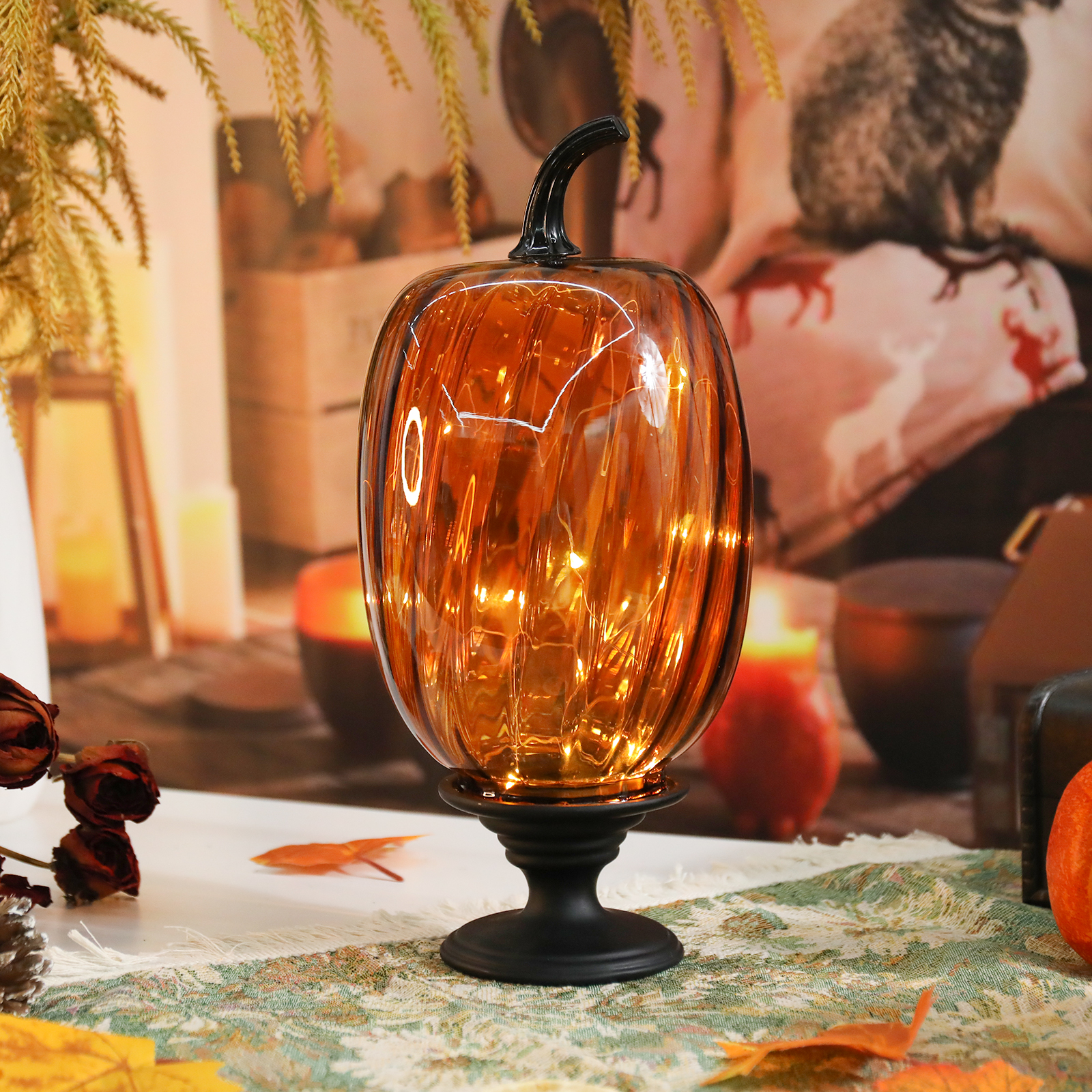 thumbnail video image 2 of 14 Inch Glass Pumpkin Harvest Decoration with LED String Lights, Black Base,Autumn Themed Tabletop Decor for Fall, Thanksgiving, Halloween, 2 of 10