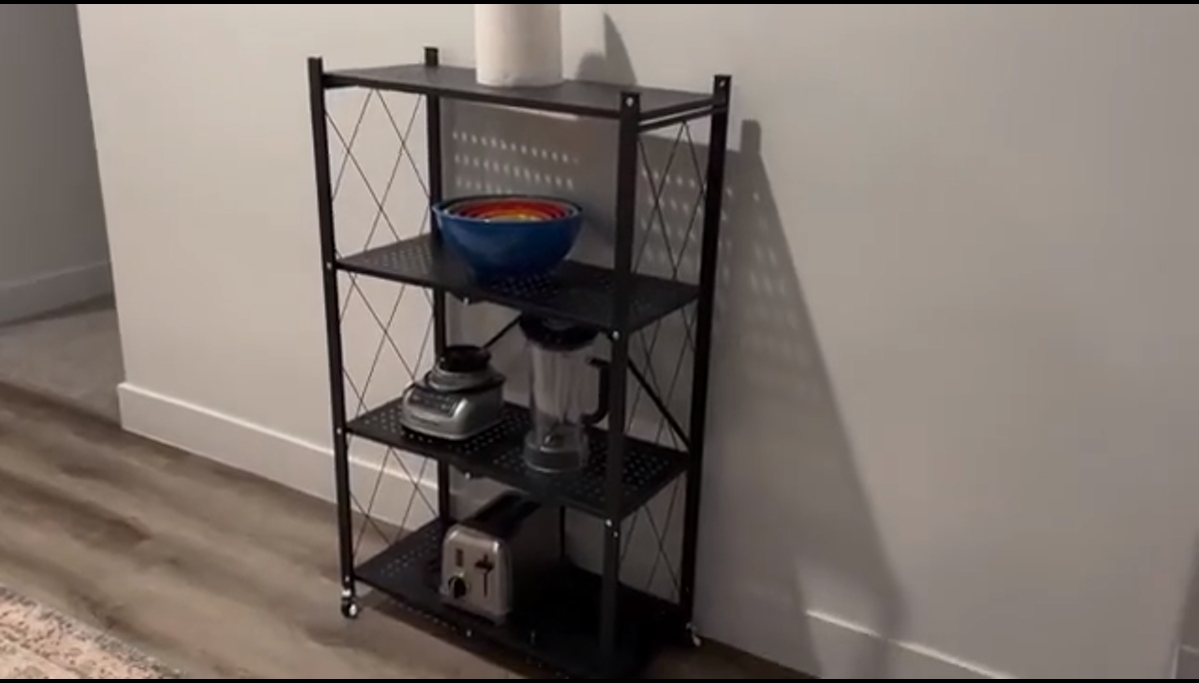thumbnail video image 2 of Lifetime Appliance Parts 4-Tier Foldable Storage Shelf with Wheels - Metal Collapsible Shelving Unit Display, Rolling Cart for Books Kitchen Storage Shelves, Pantry & Closet Organizer - BLACK, 2 of 7