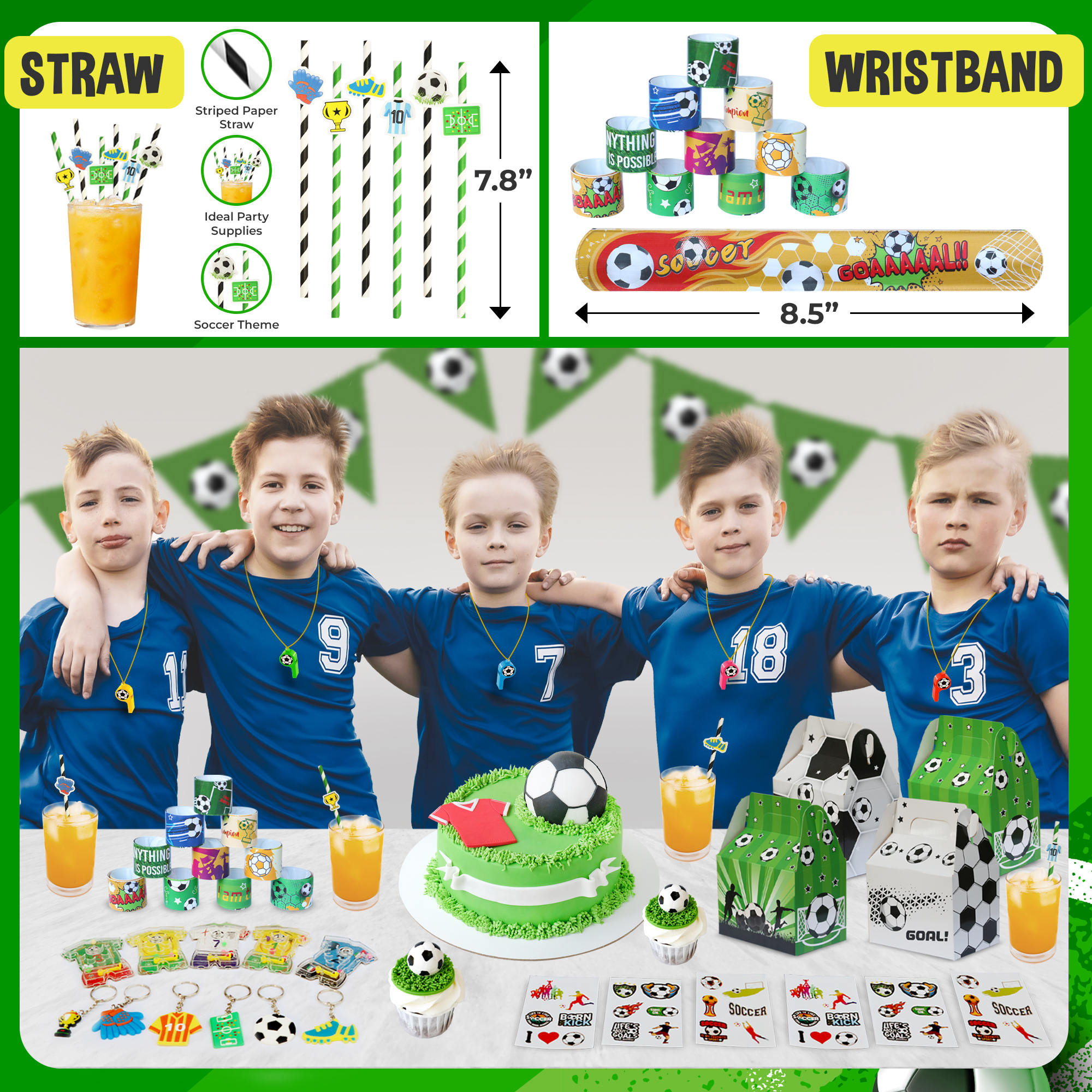 thumbnail video image 2 of Happy Greetings 84 Pc Soccer Party Favors, 12 Set of Straws Whistle Wristband Keychains Puzzle Toy Soccer Treat Box for Kids Birthday Supply, 2 of 6
