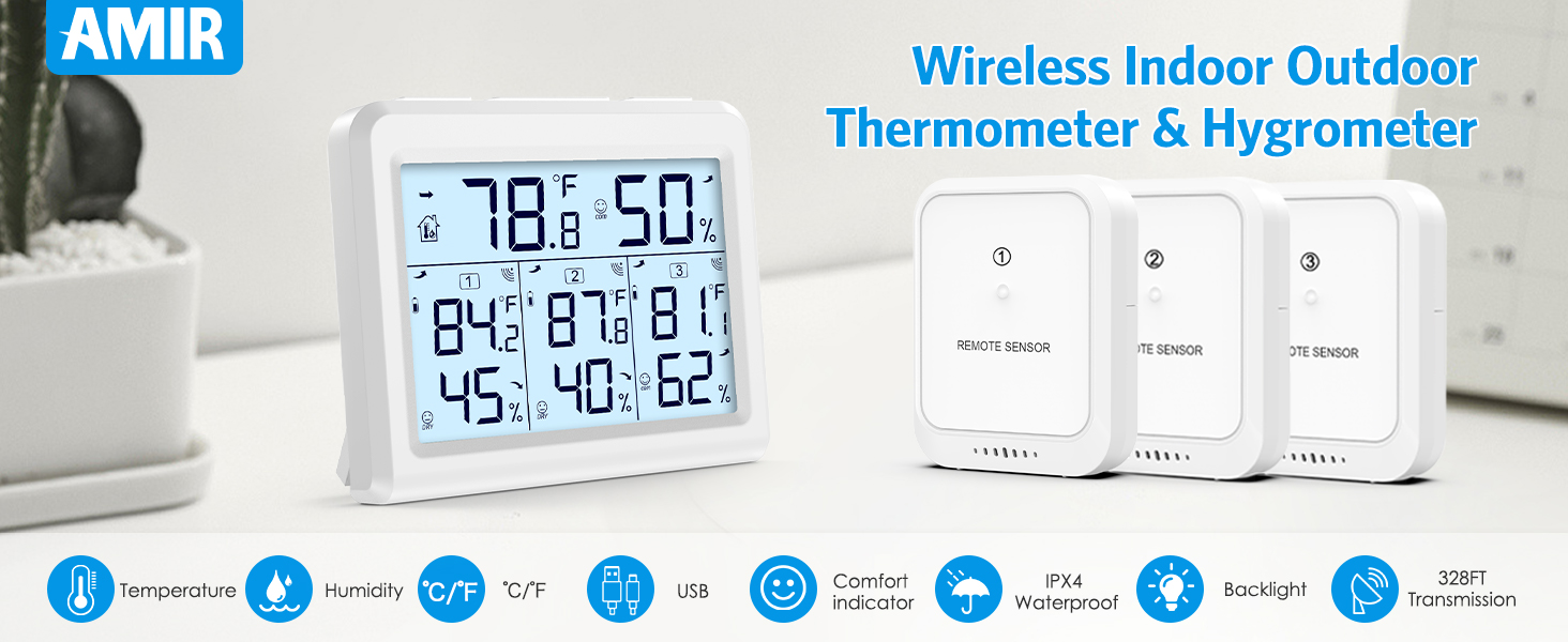 thumbnail video image 2 of Indoor Thermometer, AMIR Indoor Outdoor Thermometer Digital Hygrometer Thermometer with 3 Sensor Humidity Gauge Indoor Thermometer for Home Bedroom Baby Room Greenhouse Warehouse White, 2 of 11