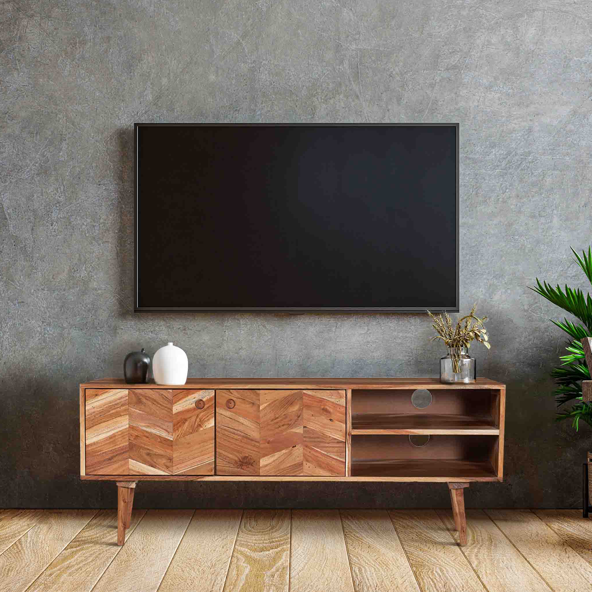 thumbnail video image 2 of Harmony TV Stand & Media Console - 51"L Acacia Wood Console, Handcrafted Mid-Century Modern Design for Living Room, Natural Finish, 2 of 7