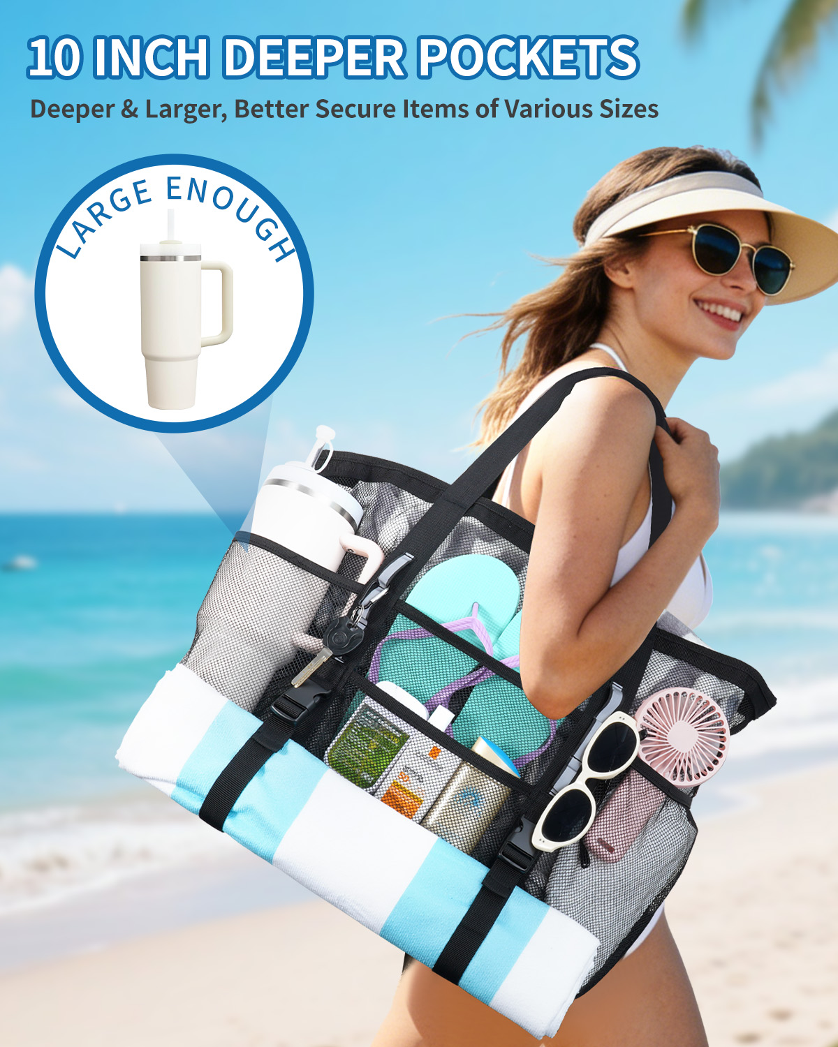 thumbnail video image 2 of WANDF LARGE Mesh Beach Bag with 40oz Tumbler Side Pockets, Sand-Falls-Through Toy Mesh Tote Bags for Picnic Travel, Family Pool/Beach Essentials with Waterproof Liner Pocket(Blue Upgraded), 2 of 10