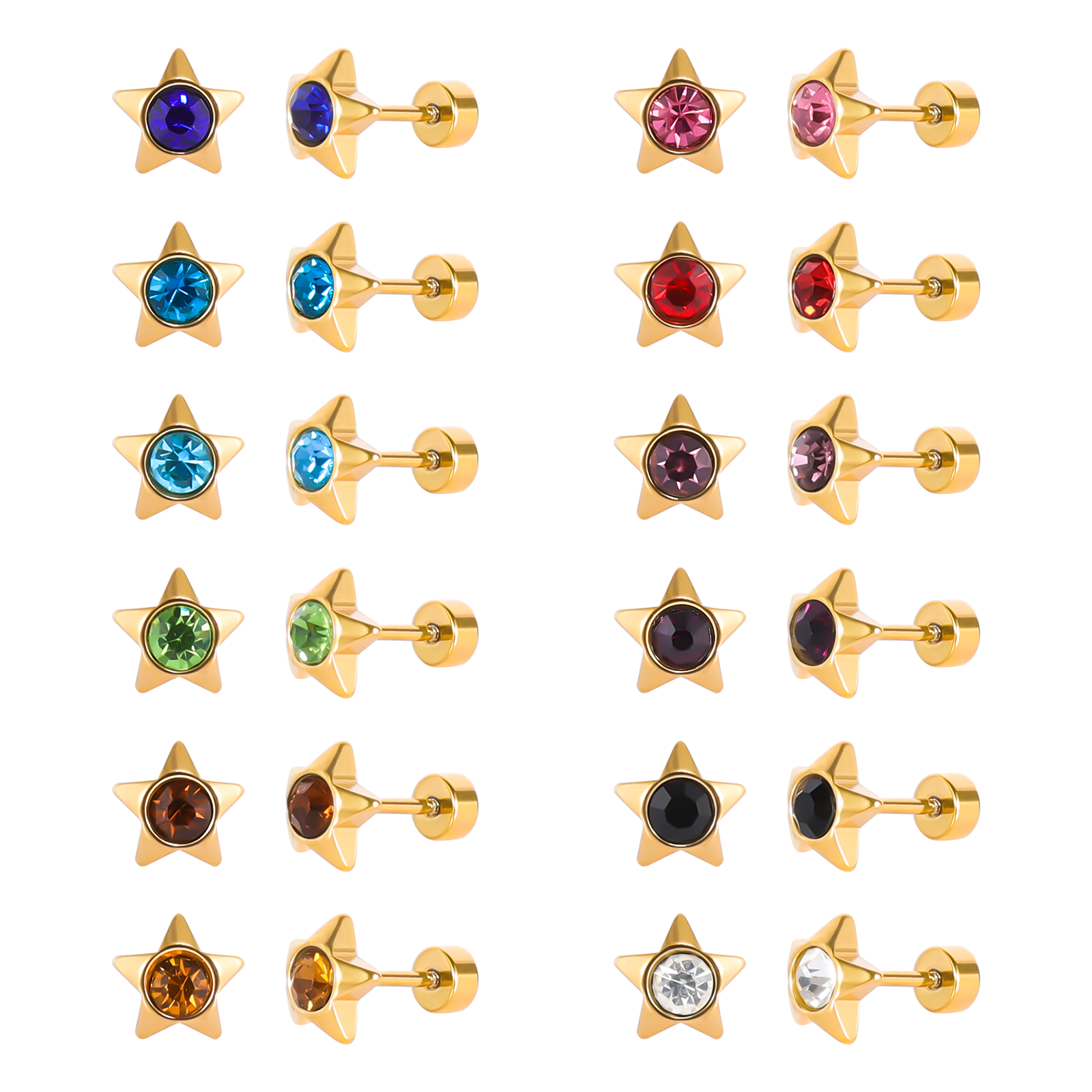 thumbnail video image 2 of 12 Pairs Surgical Stainless Steel Flat Back Birthstone Cubic Zirconia Stud Earrings, Gold Plated Screw Back Round Star Heart Flower Hexagon Triangle CZ Stud Earrings Set, 2 of 8