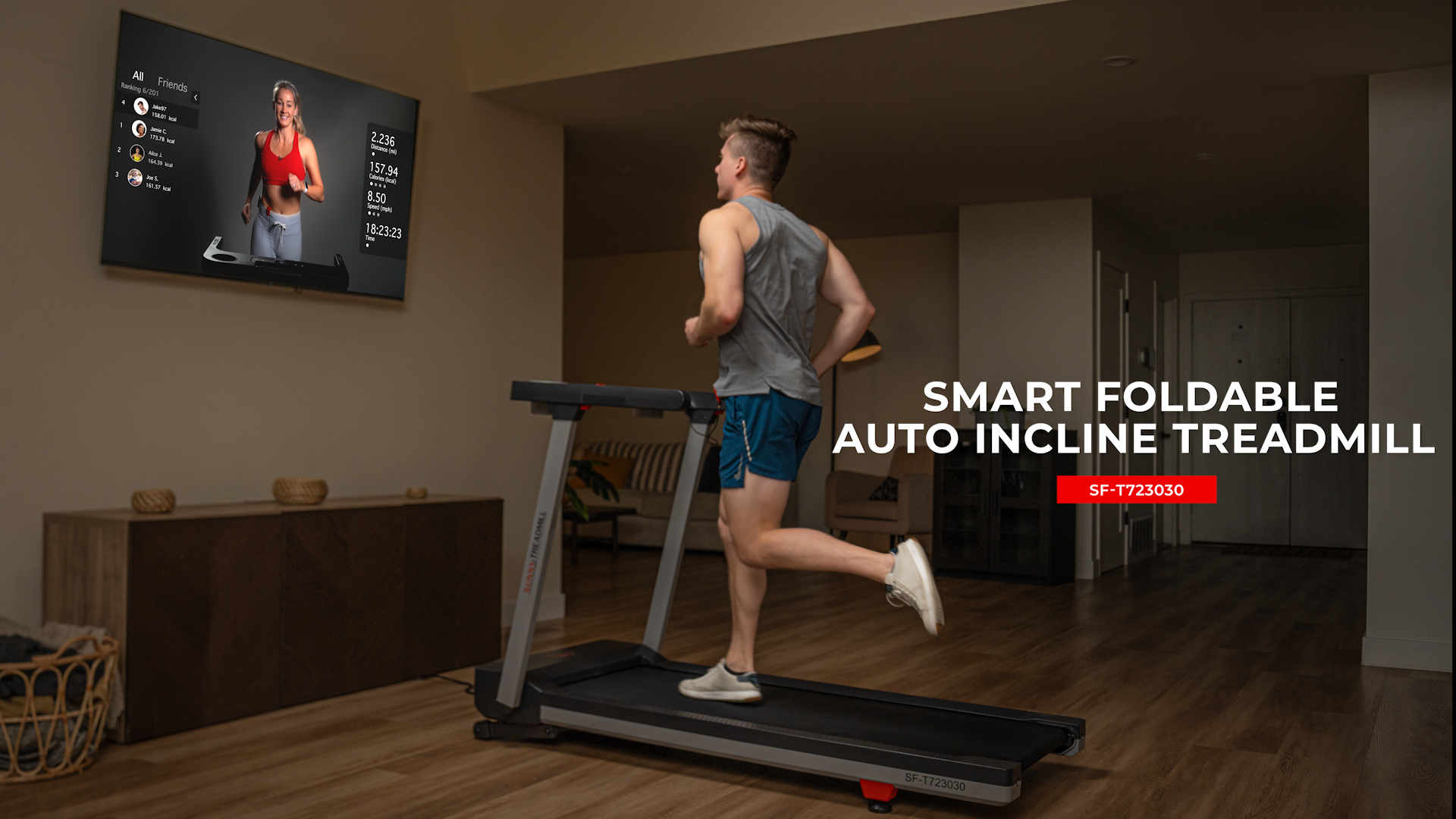 thumbnail video image 2 of Sunny Health & Fitness Smart Quiet Foldable Treadmill with a 20″ Wide Running Belt, 15% Max Auto Incline, & Performance Tracking via SunnyFit App, 2 of 10