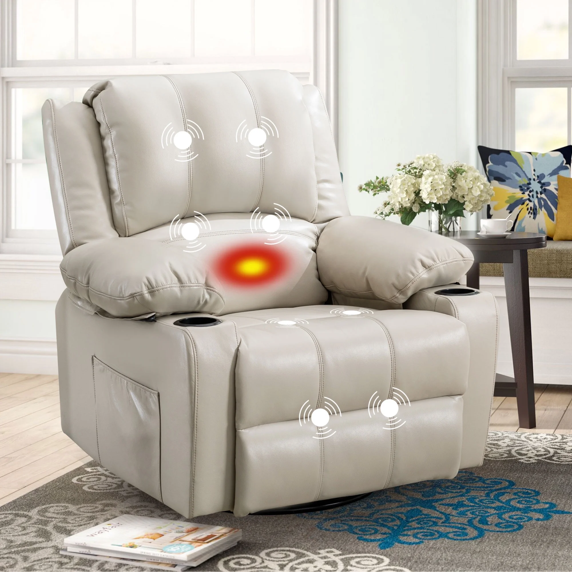 thumbnail video image 2 of JONPONY Massage Swivel Rocker Recliner Chair with Vibration Massage and Heat Ergonomic Lounge Chair for Living Room with Rocking Function and Side Pocket, 2 Cup Holders, USB Charge Port,Beige, 2 of 10