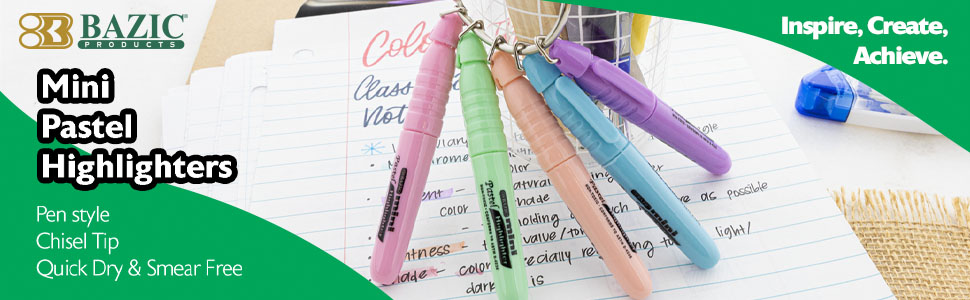 thumbnail video image 2 of BAZIC Mini Highlighter Pen Pastel Color, Chisel Tip Broad Fine Line Highlighters Unscented (5/Pack), 24-Packs, 2 of 6