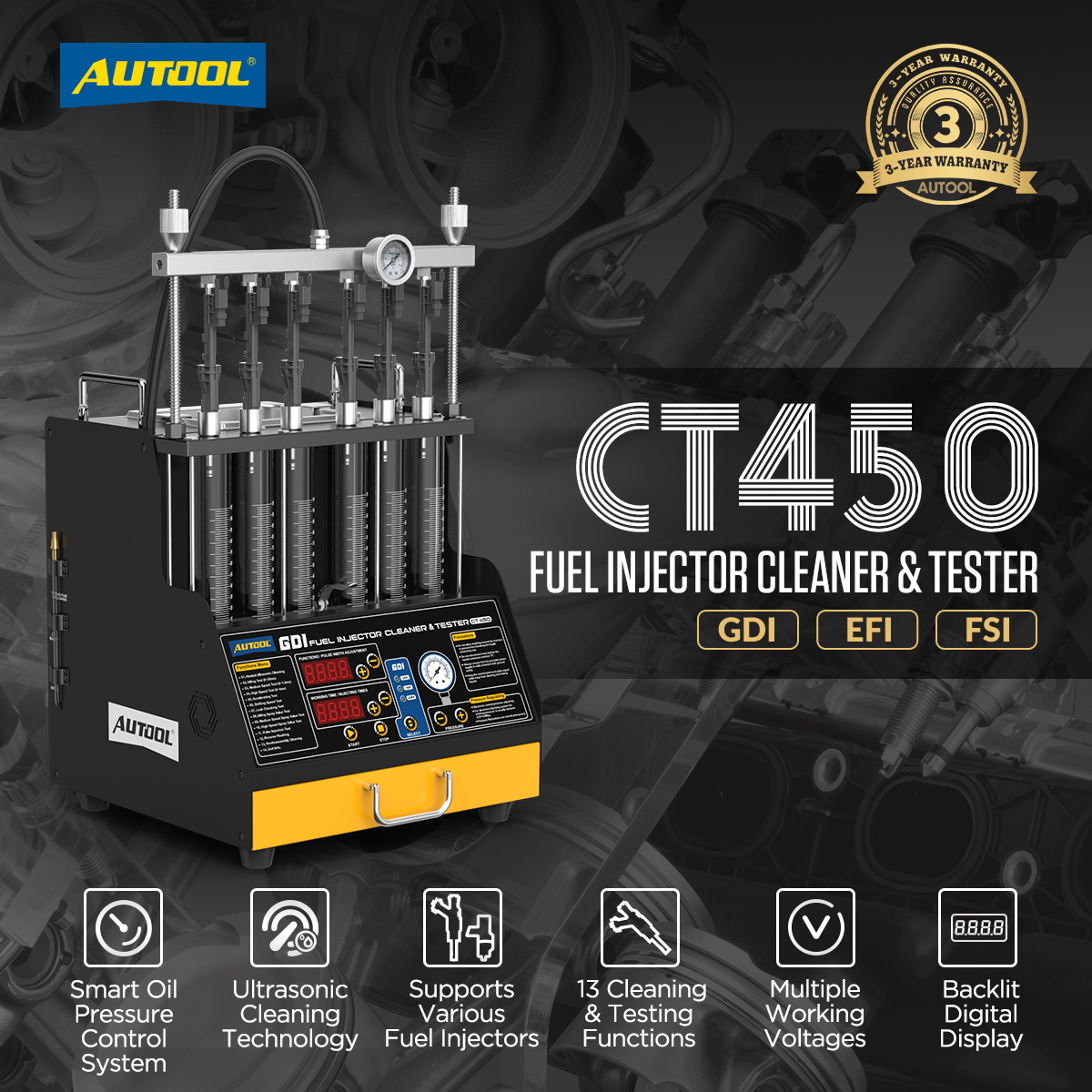 AUTOOL CT450 Fuel Injector Tester Cleaner, Ultrasonic 50℃ Heat Cleaning ...