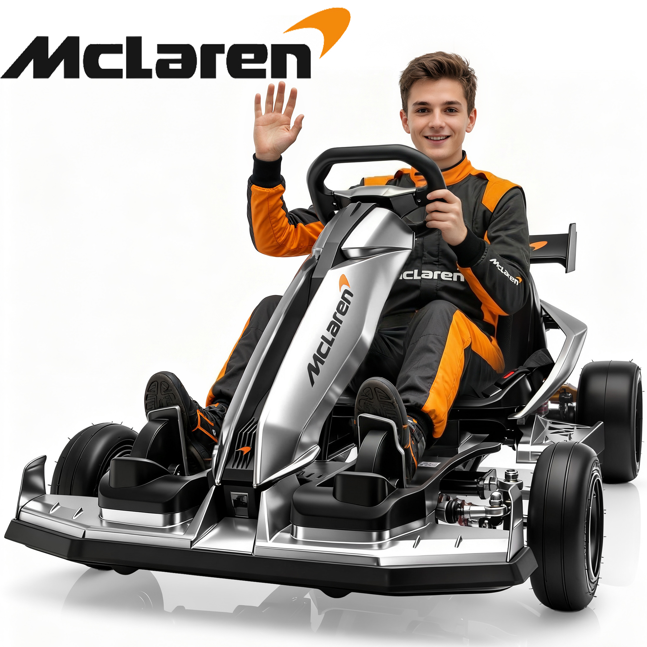 thumbnail video image 2 of McLaren 48V Electric Go Kart for Adults & Teens, 750W Powered Motor Ride On Toy, LED Light, Hydraulic Disc Brake, 4 Wheel Spring Suspension, 3 Levels Adjustable Chassis, Foldable Design, Silver, 2 of 10
