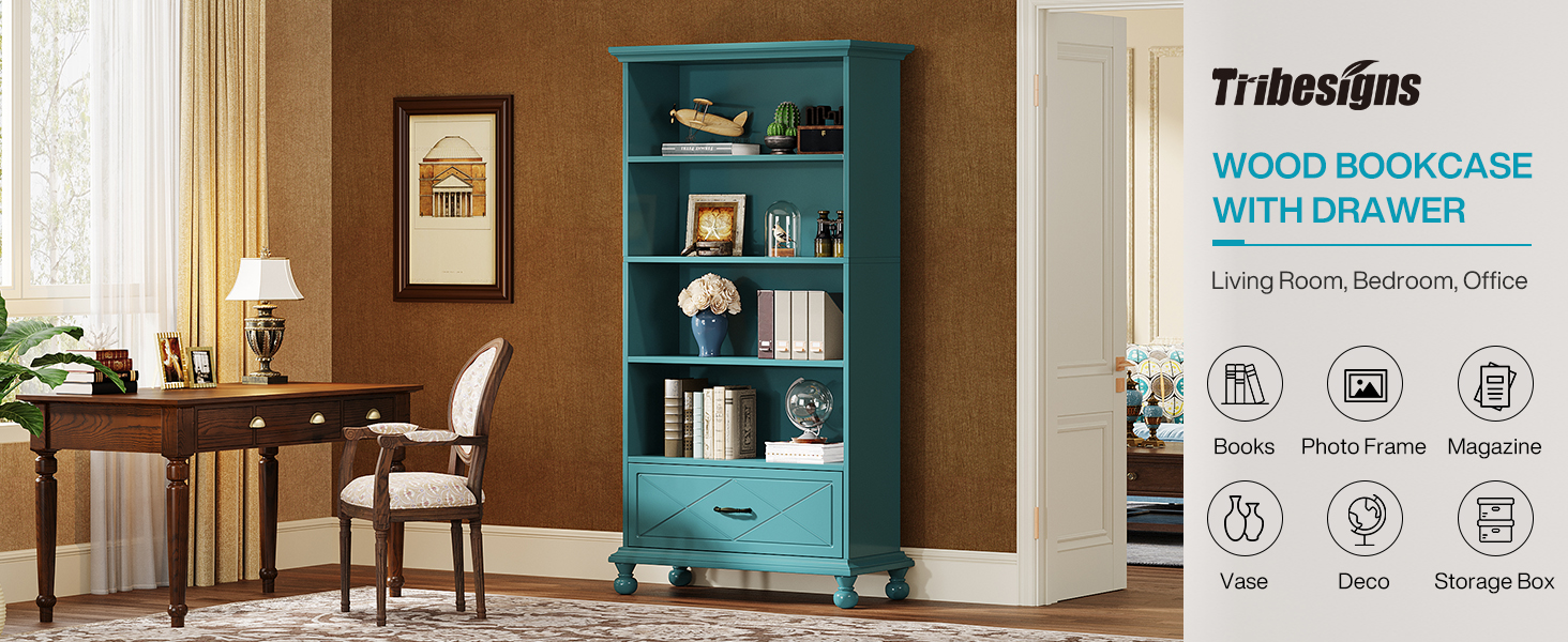 thumbnail video image 2 of Tribesigns 6-Shelf Bookcase with Drawer, 71 Inch Floor Standing Bookshelf with Solid Wood Legs, 2 of 8
