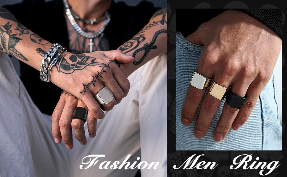 thumbnail video image 2 of Bestyle Men's Stainless Steel Ring Simple Signet Band Ring for Men, Cool Square Pinky Ring Gift for Father Son Husband, Size 8, 2 of 8