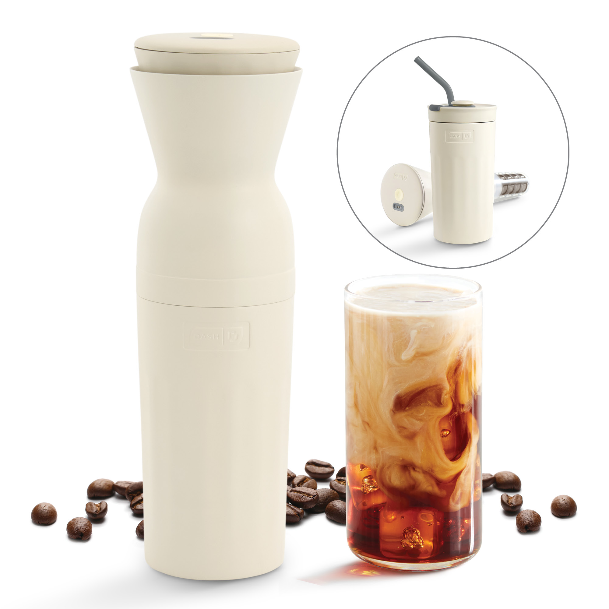thumbnail video image 2 of Dash Brew2Go Portable Cold Brew System, Single Serve, 10 Minute Brew, Rechargeable, with Travel Lid and Straw, Cream, 2 of 7