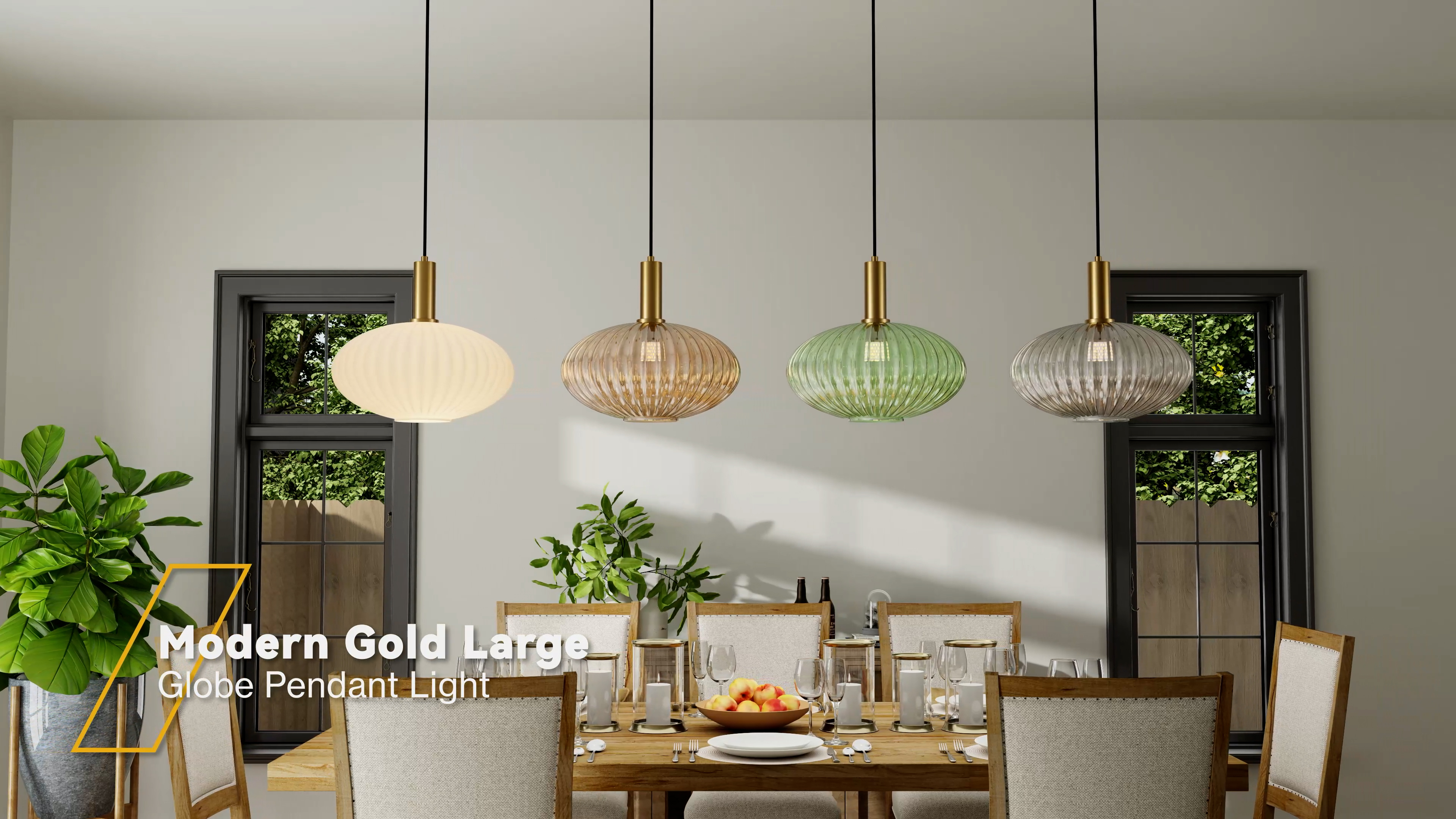 thumbnail video image 2 of KCO Lighting Large Green Glass Globe Pendant Light Modern Gold Ribbed Ceiling Light Brass Dining Room Hanging Lamp, 2 of 9