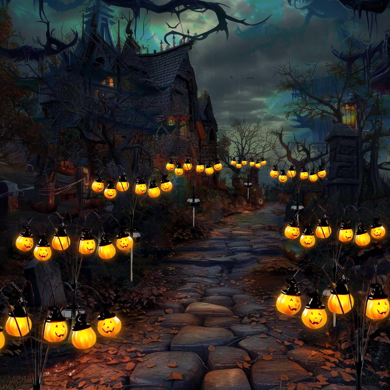 thumbnail video image 2 of ZOEYKIMLO Halloween Decorations Outdoor, Solar Pumpkin Halloween Path Lights for Yard Garden Lawn Party Decor, 4Pack, 2 of 9