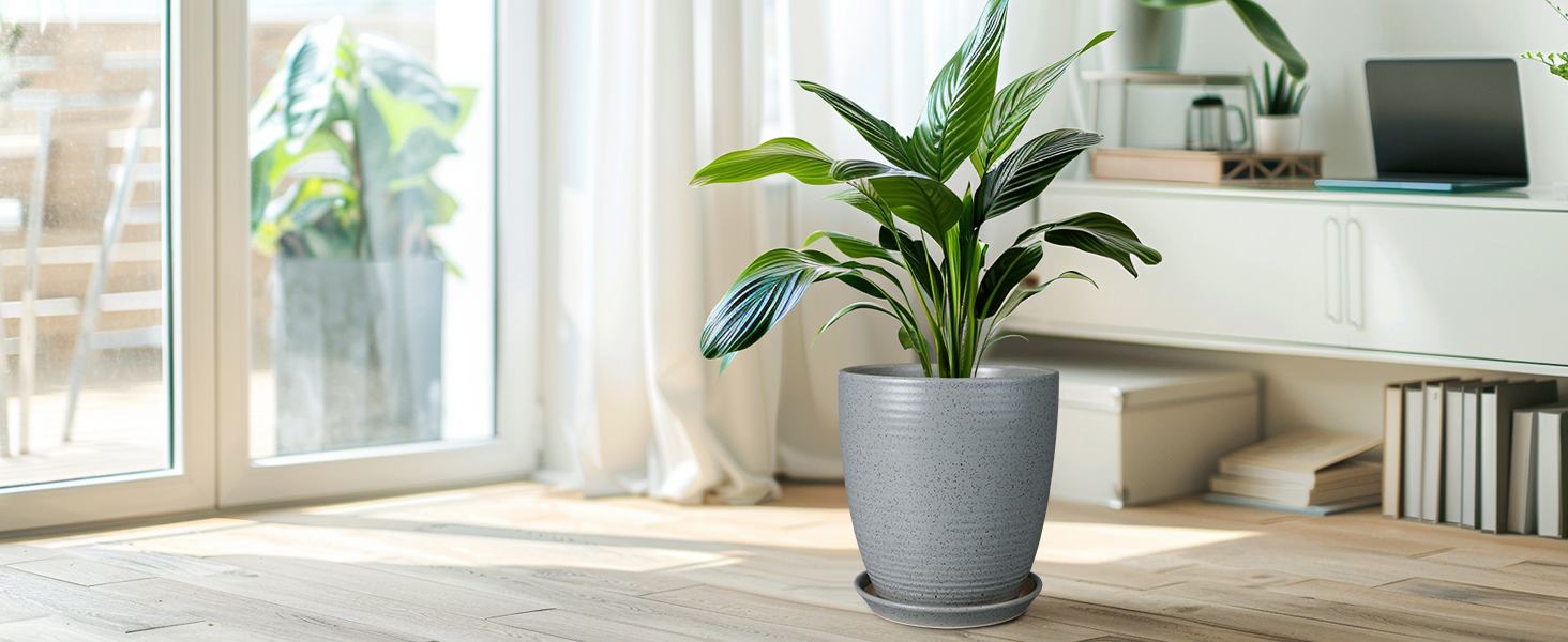 thumbnail video image 2 of 8 inch Ceramic Plant Pot,Modern Round Flower Pot with Drainage Tray ,Decorative Striped Pot for Snake Plants & Succulents, Matte Gray Pitting, 2 of 7