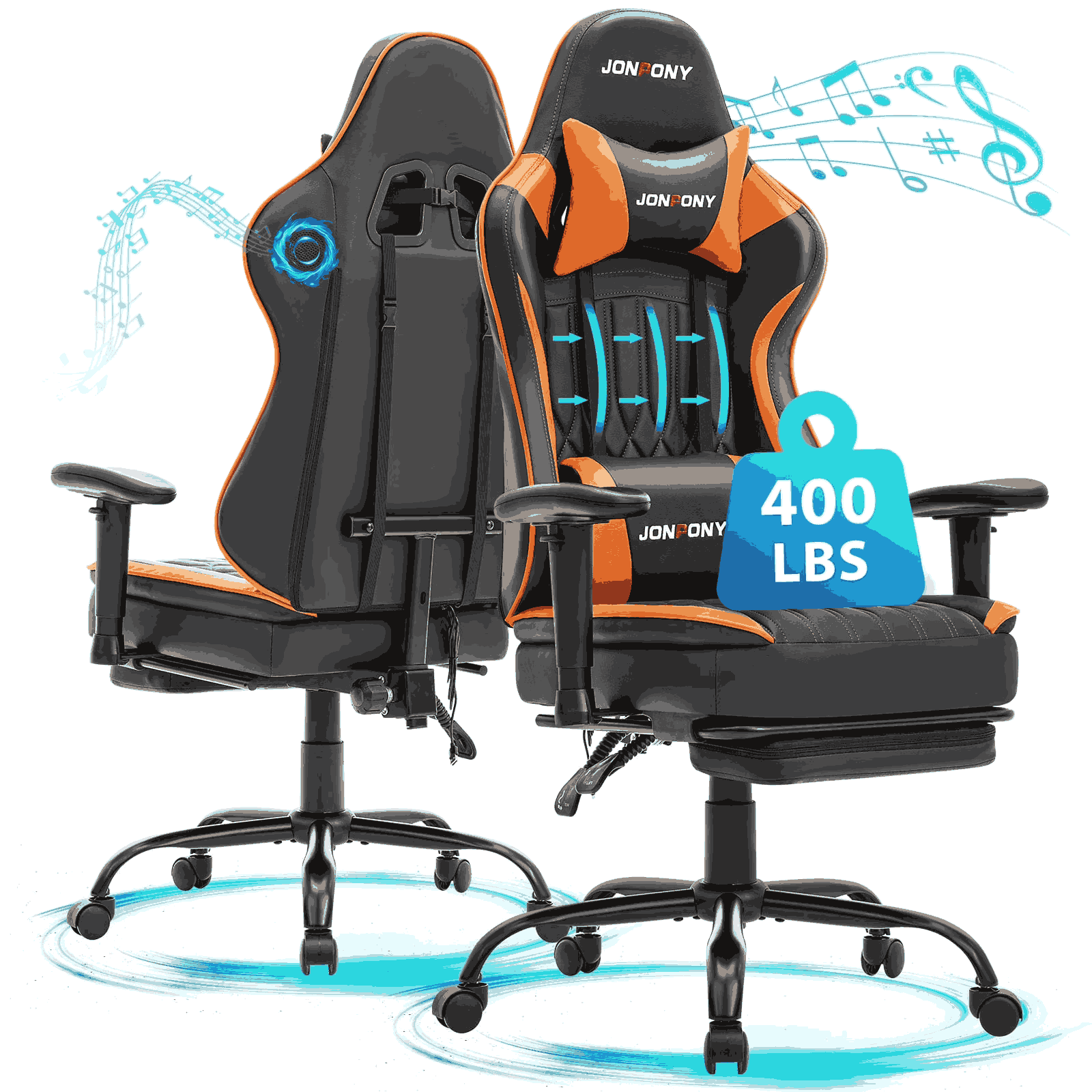 thumbnail video image 2 of JONPONY Big and Tall 400lbs Gaming Chair with Bluetooth Speakers, Gamer Chair with Footrest and Lumbar Support & 360-Swivel Seat, Ergonomic Gamer Chair with Headrest, Orange, 2 of 9