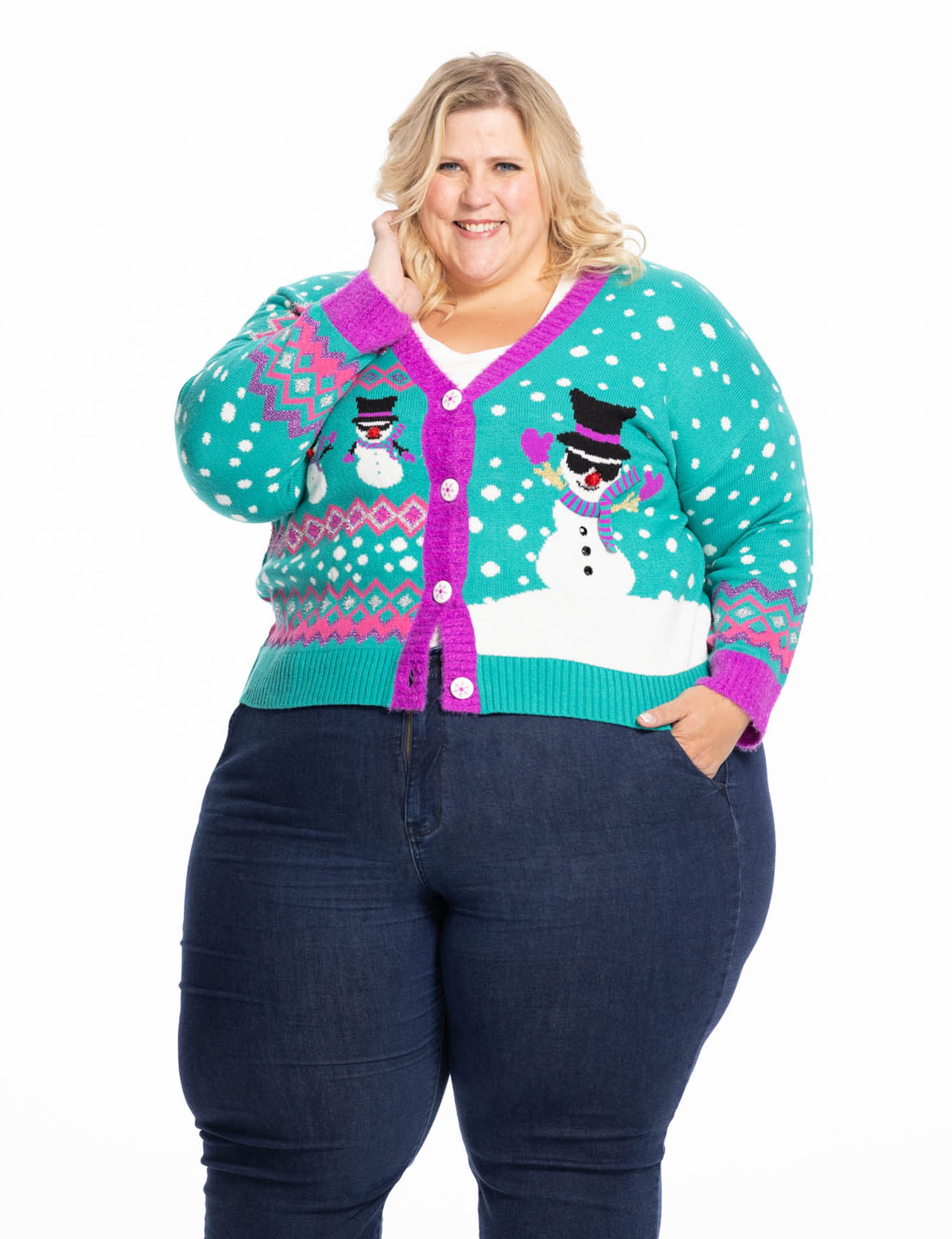 thumbnail video image 2 of Jollidays x Glitter and Lazers Best in snow Cardigan, Sizes S-5X, 2 of 10