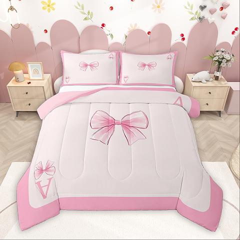 thumbnail video image 2 of Homewish Initial Letter M Queen Comforter Set,Cute Cartoon Bow Bedding Sets,Pink Bowknot Bedding Comforter Set For Girl,Breathable Bedroom Decoration Reversible,3-Piece, 2 of 9