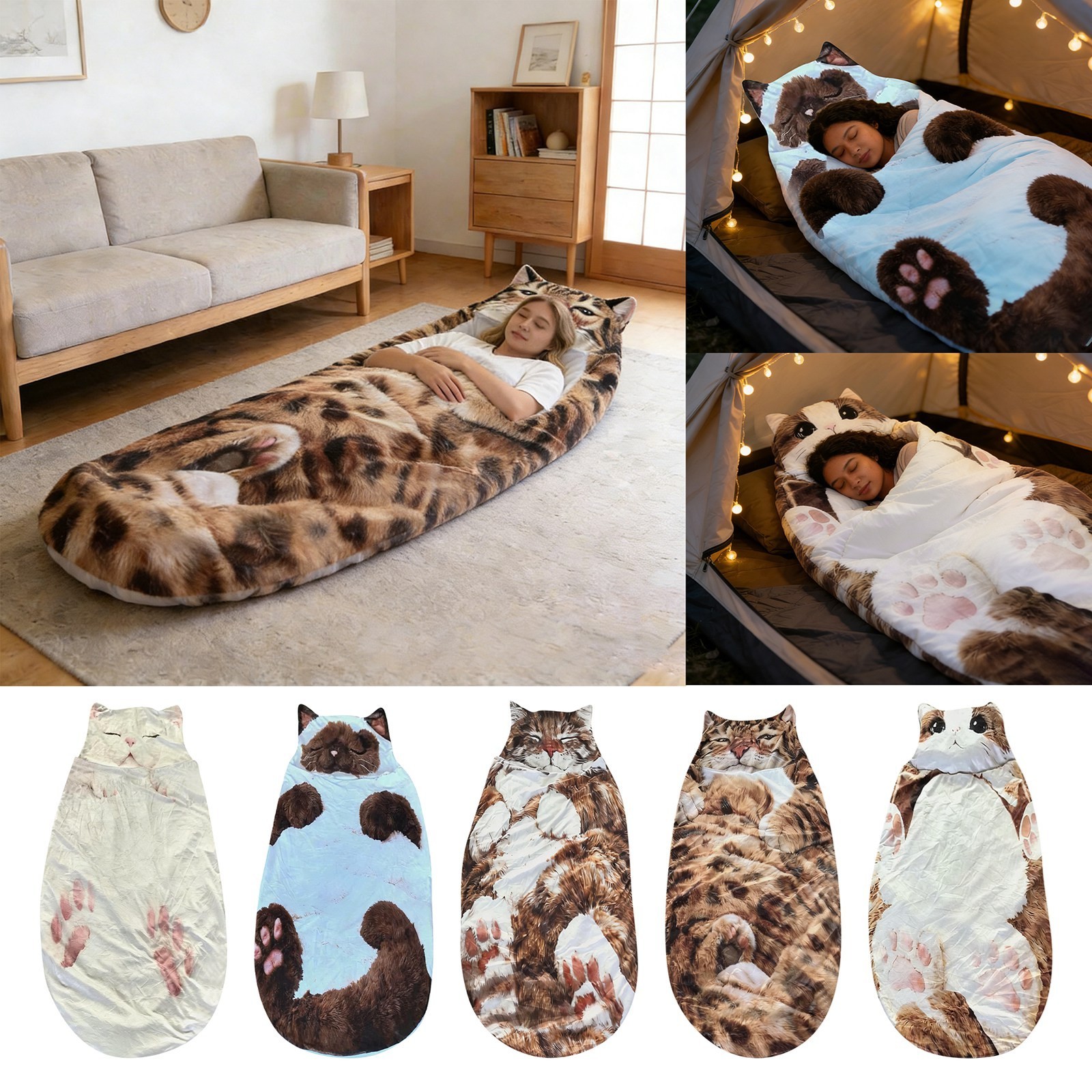 thumbnail video image 2 of Plush Cat Sleeping Bag for Adults, 69×31Inch Soft Envelope-Style Sleeping Bag for Camping, Sleepovers, and Cozy Indoor Lounging, Cozy Flannel Blanket Pouch (E), 2 of 6