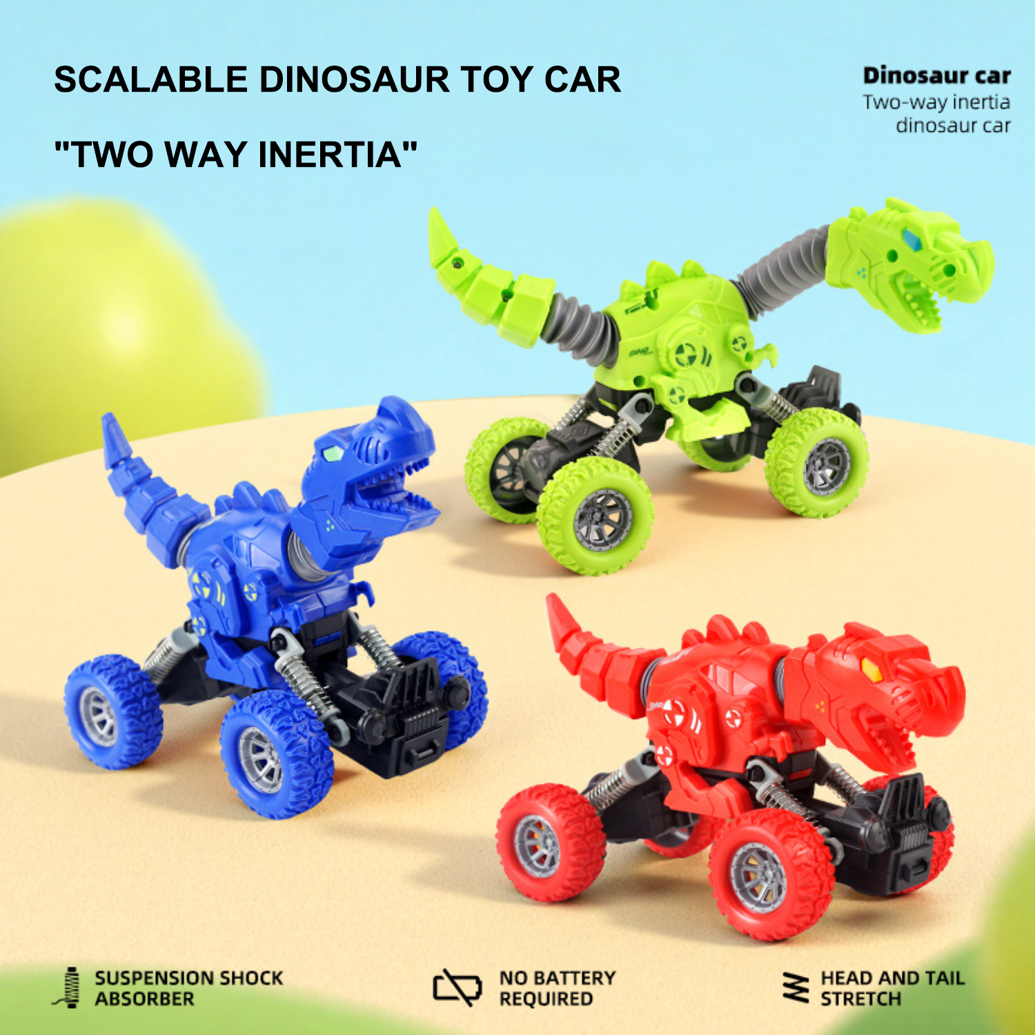 thumbnail video image 2 of 2-Way Inertia Telescopic Dinosaur Car, Stretch Head & Tail, No Battery Powered, Crawler Toy Gift for Kids Boys Girls,Green, 2 of 7