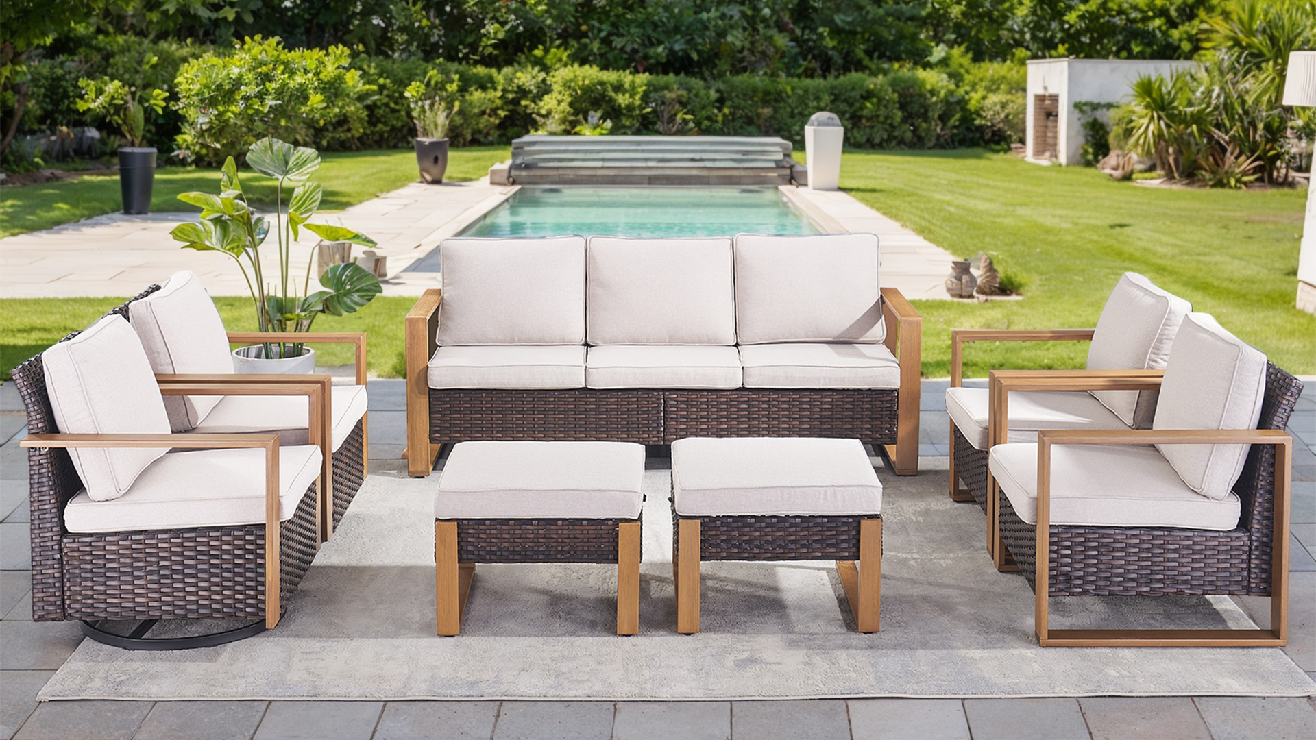 thumbnail video image 2 of Opohoro Outdoor Wicker Lounge Chairs, 4-Piece Patio Club Chair Set with Cushions and Wood-Grain Armrests, Brown/Gray, 2 of 7
